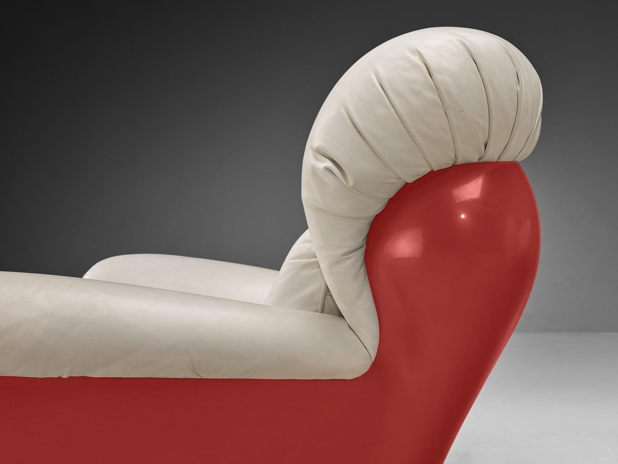 Faux Leather Italian Bulky Pair of Lounge Chairs in Red Fiberglass and Leatherette For Sale