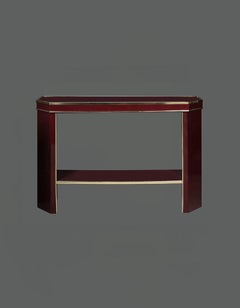 Italian Burgundy Lacquer and Brass Console Table with Matching Mirror, 1980s