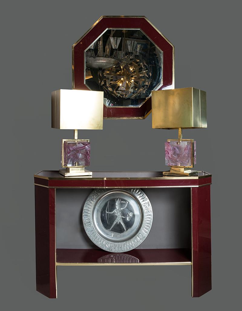 Late 20th Century Italian Burgundy Lacquer and Brass Console Table with Matching Mirror, 1980s