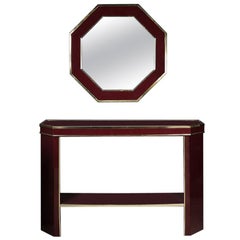 Italian Burgundy Lacquer and Brass Console Table with Matching Mirror, 1980s
