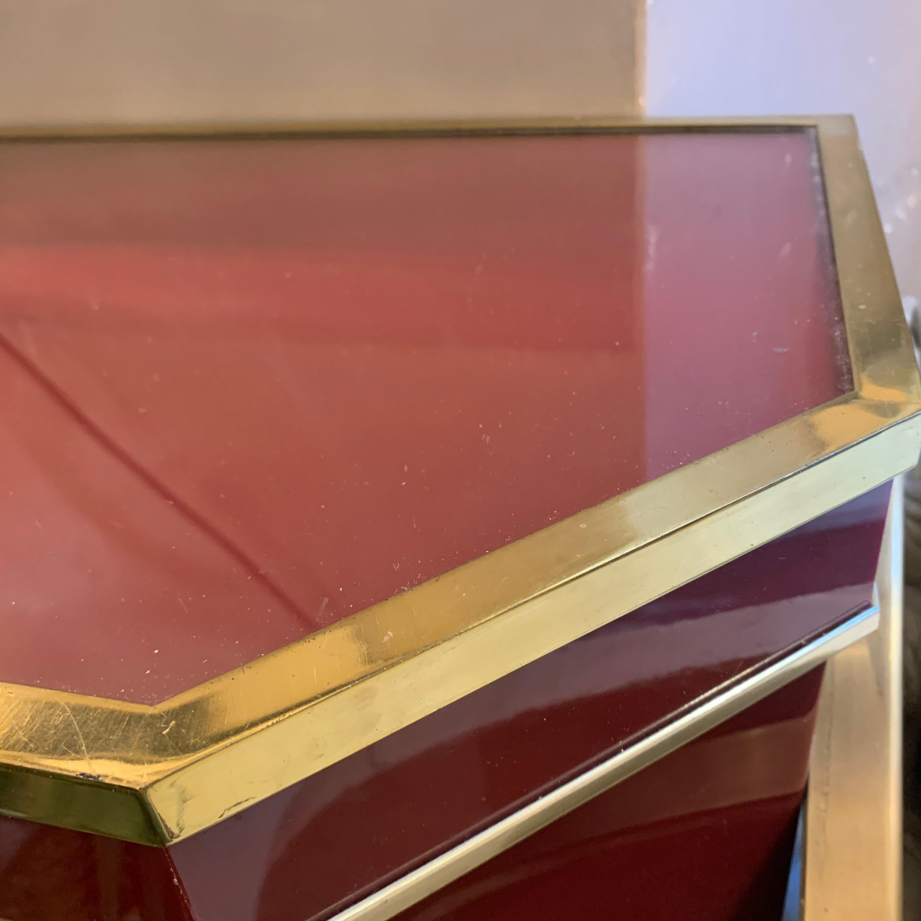 Modern Italian Burgundy Lacquered and Brass Console Table, 1980s