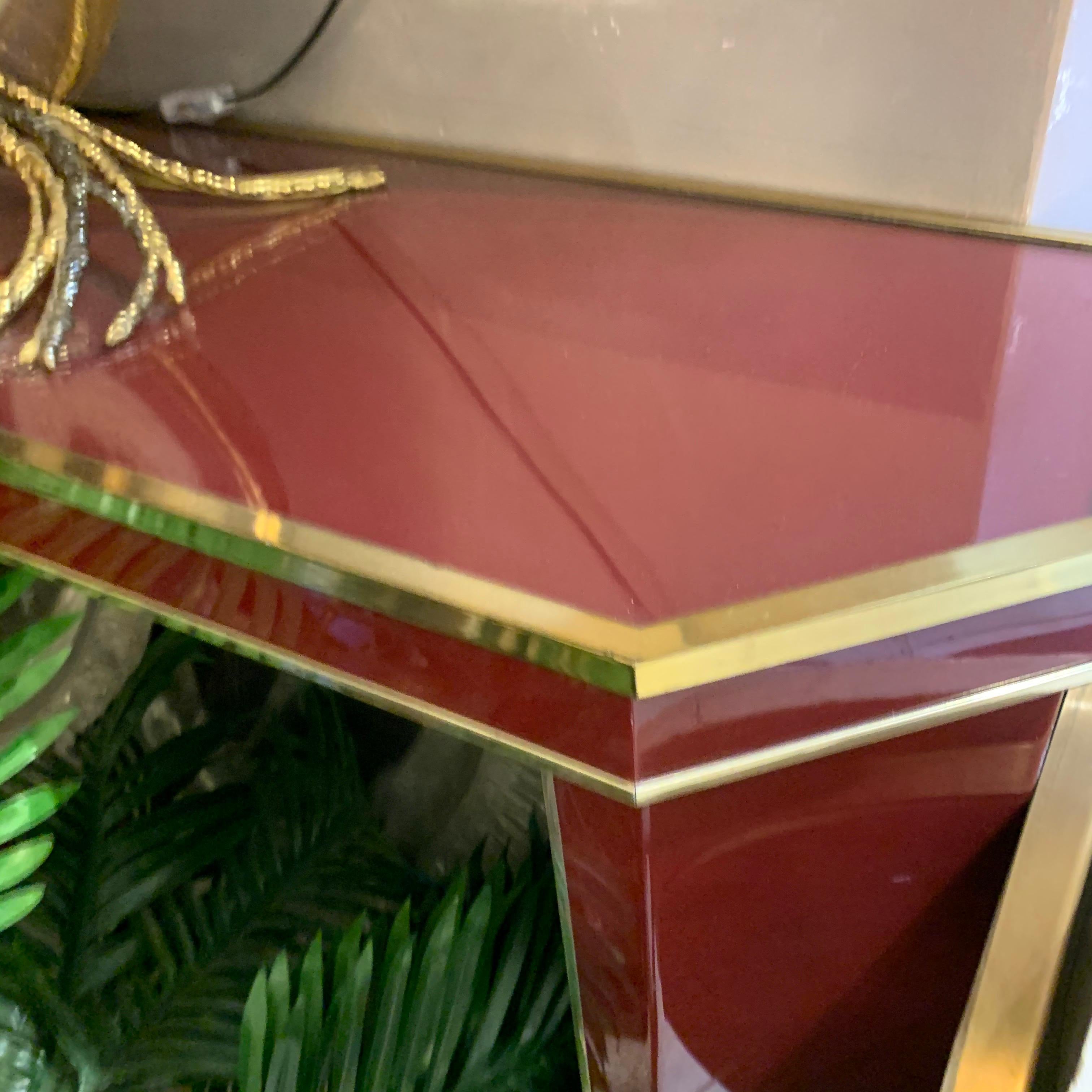 Italian Burgundy Lacquered and Brass Console Table, 1980s In Fair Condition In Florence, IT