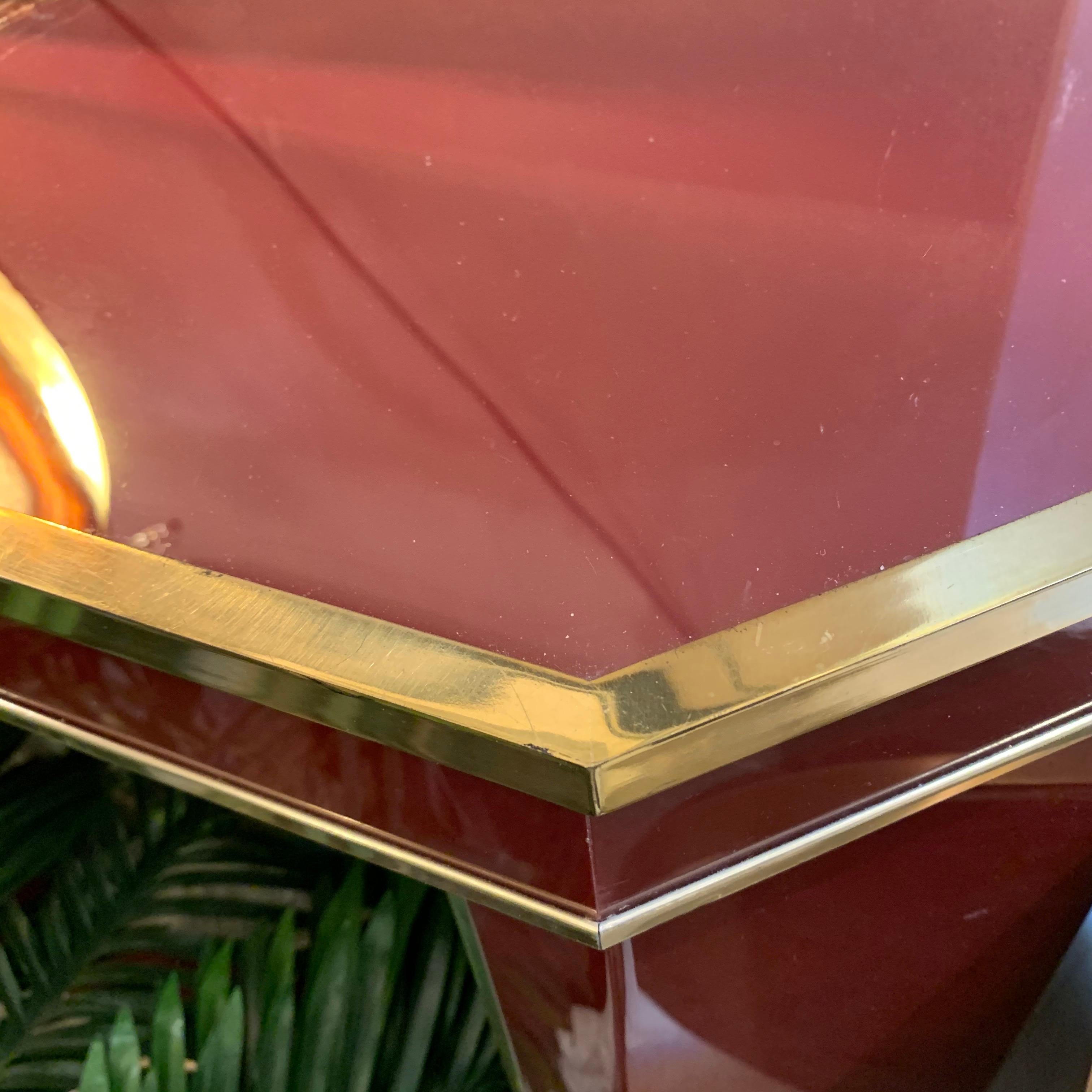 Late 20th Century Italian Burgundy Lacquered and Brass Console Table, 1980s