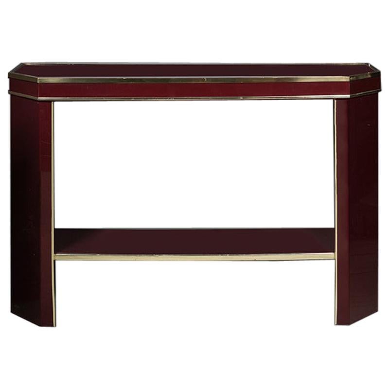 Italian Burgundy Lacquered and Brass Console Table, 1980s