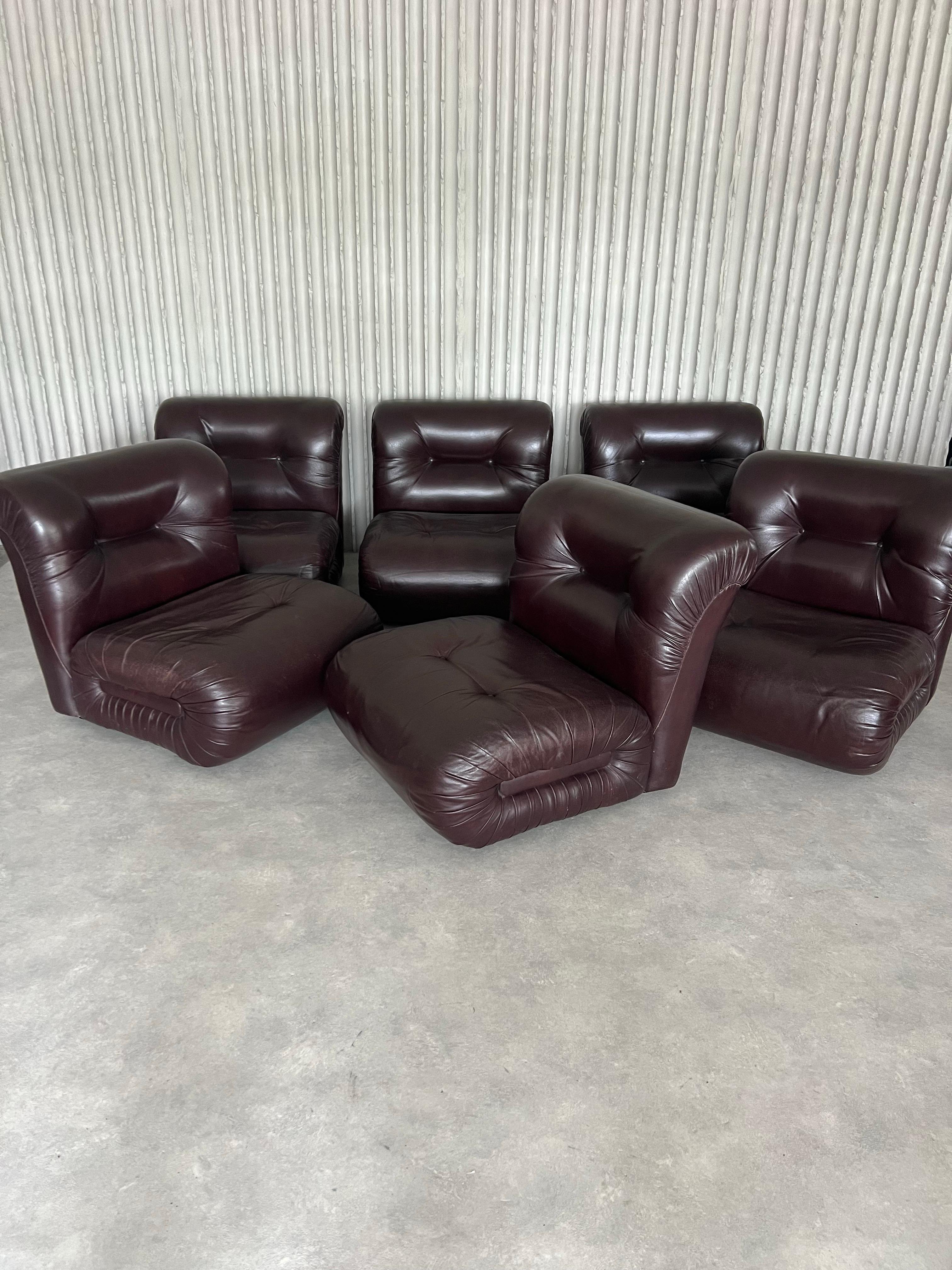 Italian Burgundy Leather Lounge Chairs – 6 available For Sale 3