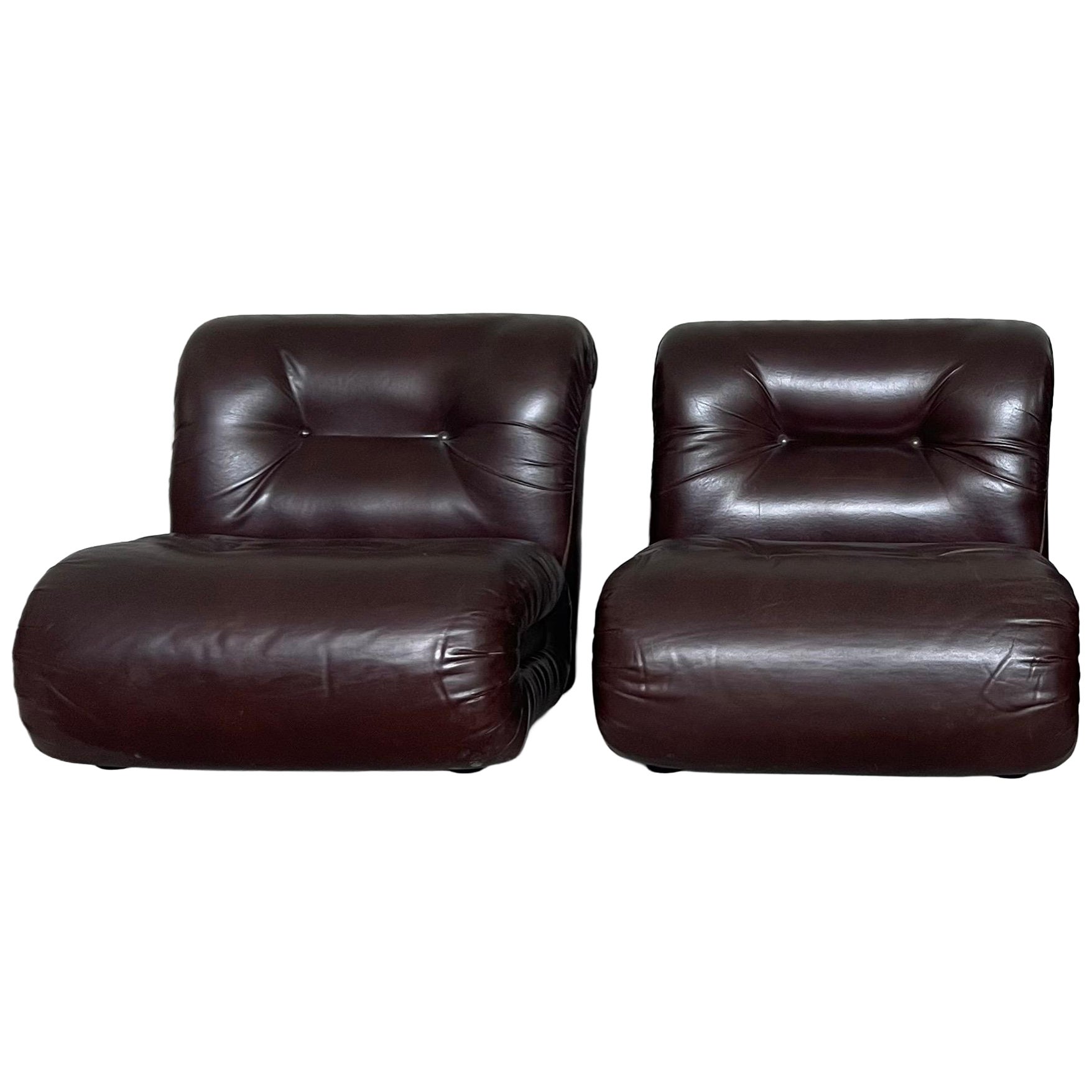 Italian Burgundy Leather Lounge Chairs – 6 available For Sale