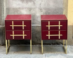 Italian Burgundy Opaline Glass Nightstands, Brass Handles and Inlays, 1980