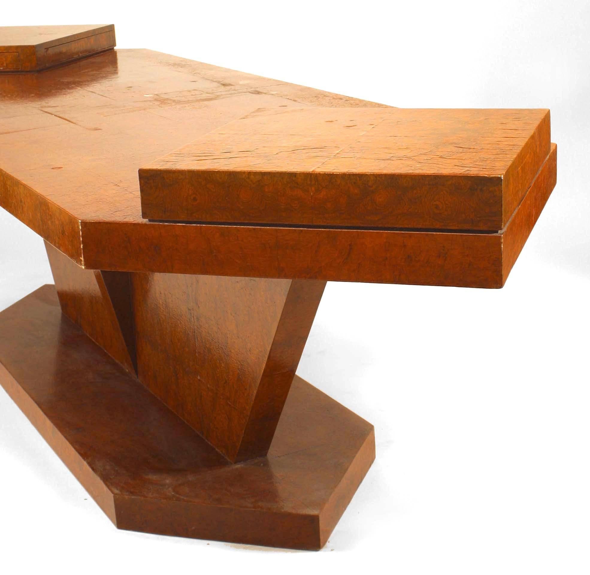 Italian 1940s burl birch rectangular conference table with an angular pedestal and base with 2 raised drawers on either end (Attributed to Carlo De Carli, Renato Angeli, & Luigi Olivieri)
