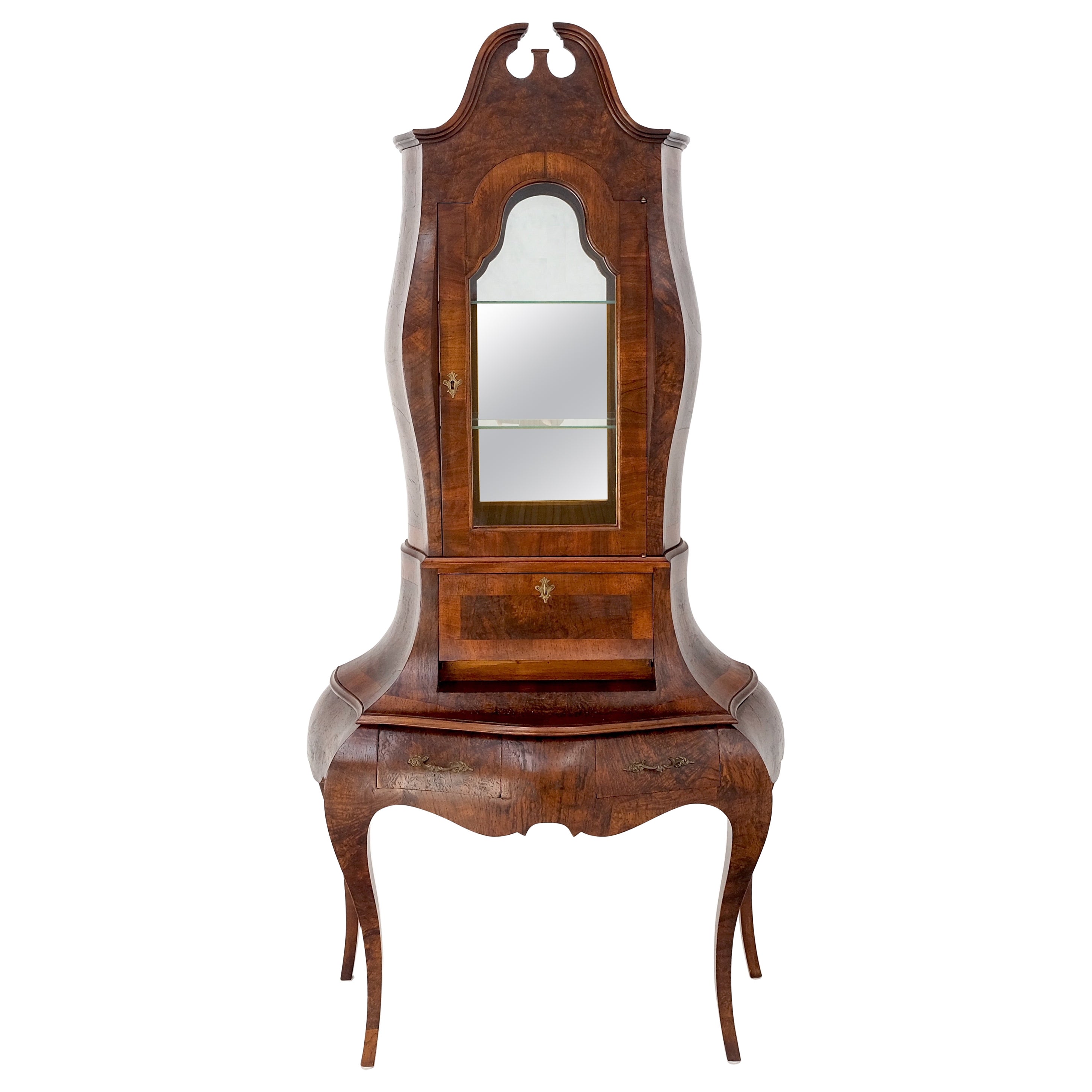 Italian Burl Olive Wood Bombe Style Drop Front Secretary W/ Hutch Shelves Mint!