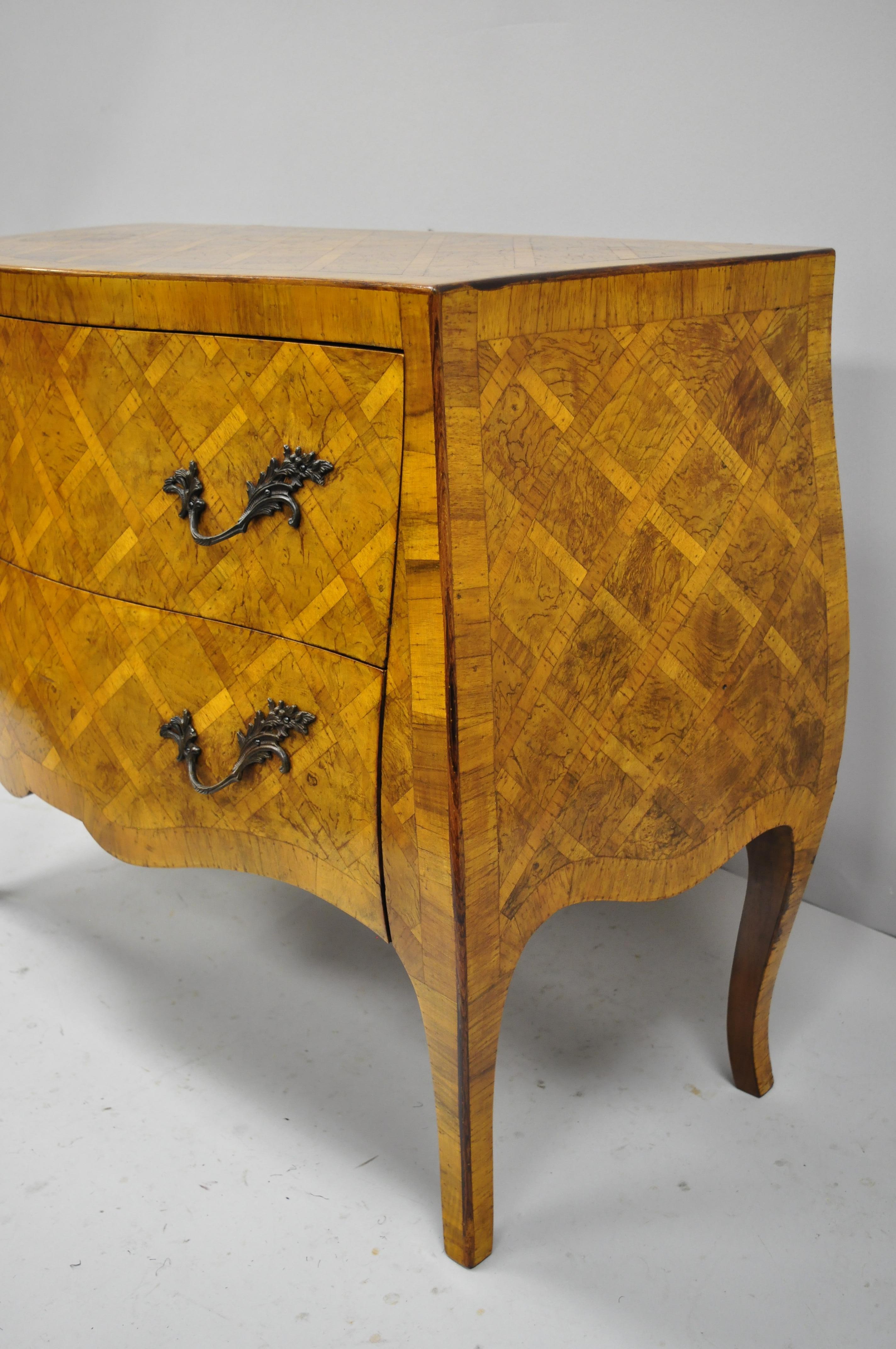 Italian Burl Olive Wood Parquetry Inlaid French Style Bombe Commode Chest 4