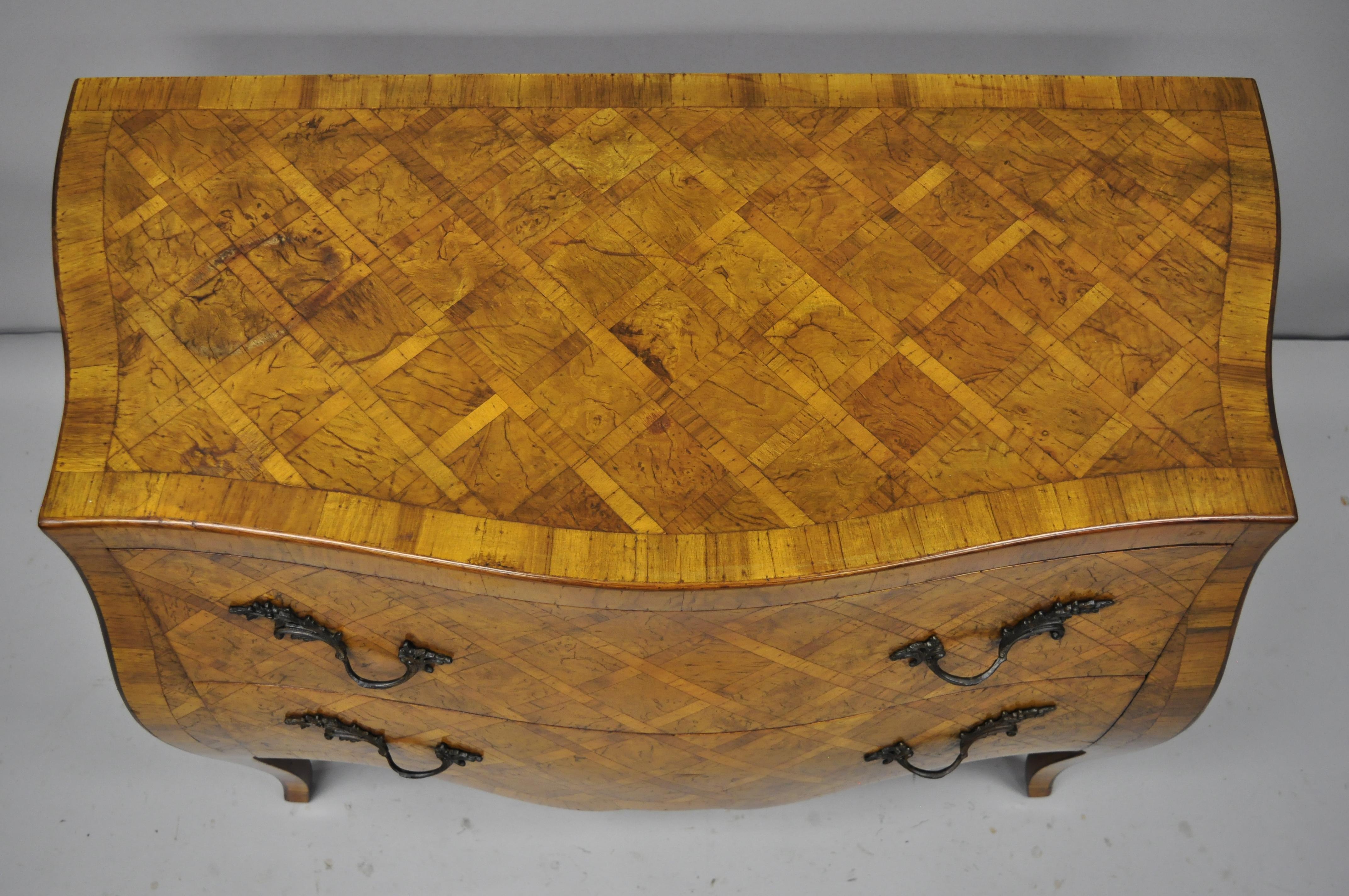Louis XV Italian Burl Olive Wood Parquetry Inlaid French Style Bombe Commode Chest