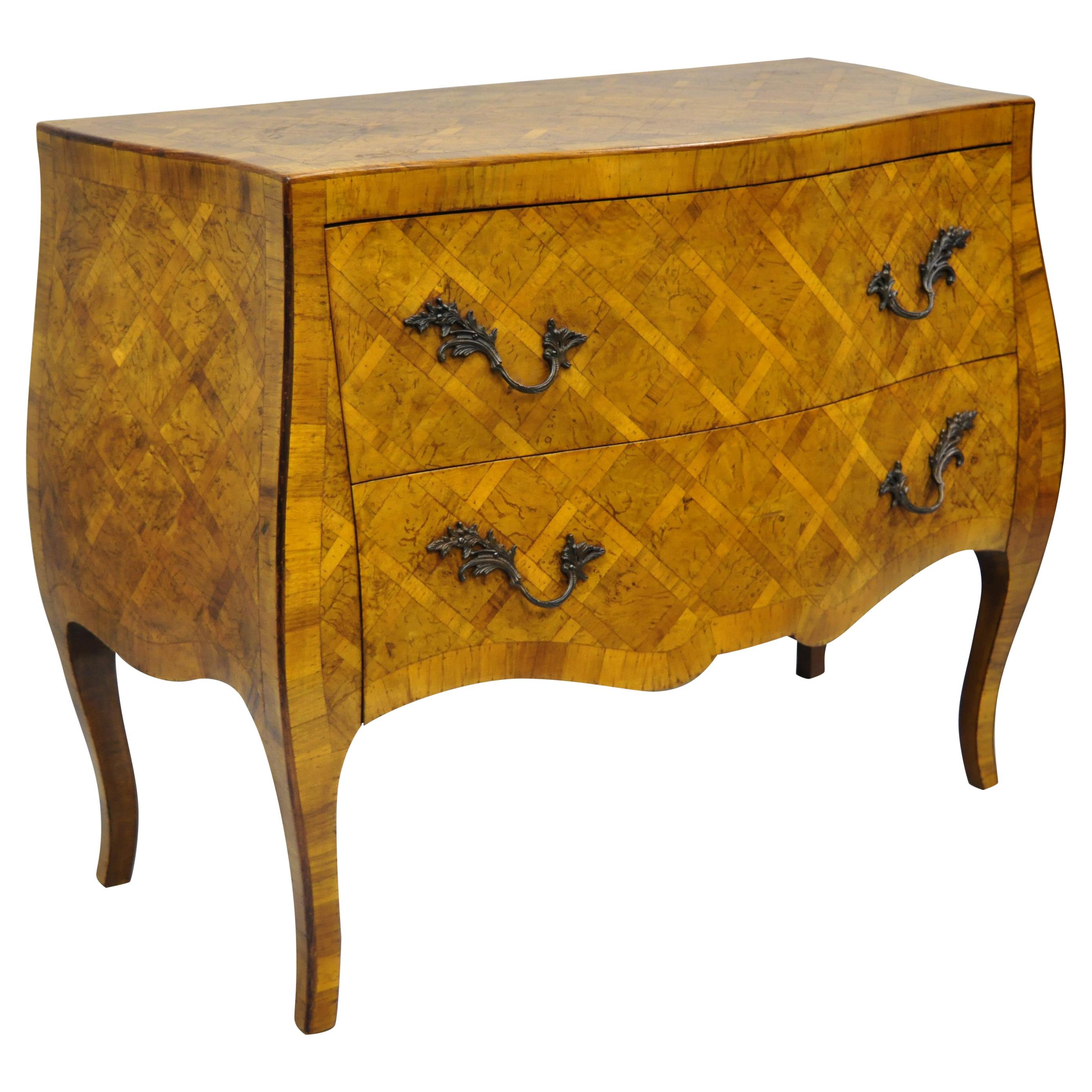 Italian Burl Olive Wood Parquetry Inlaid French Style Bombe Commode Chest