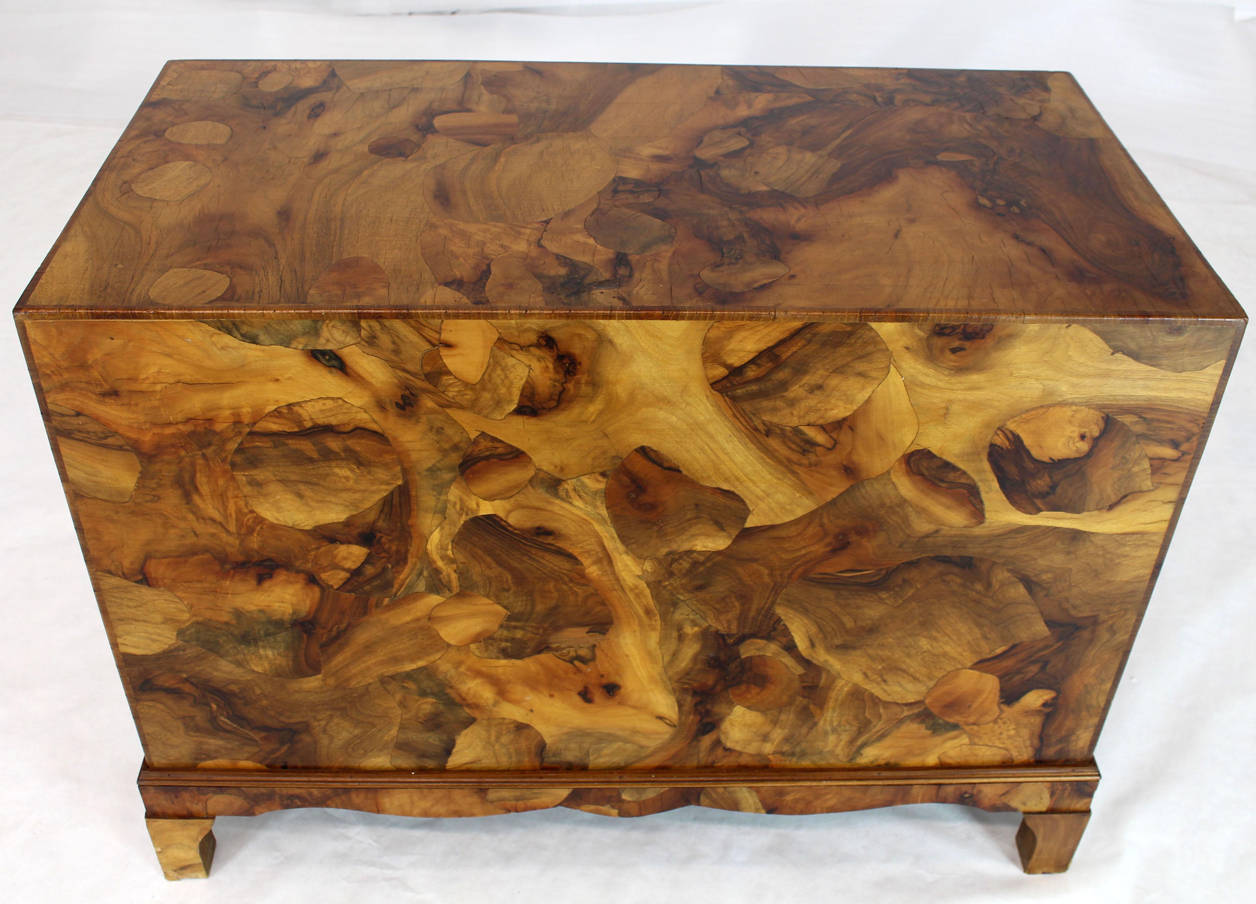 Vivid burl wood patch work Italian Mid-Century Modern Campaign bachelor chest. Beautiful finished back exposing a 