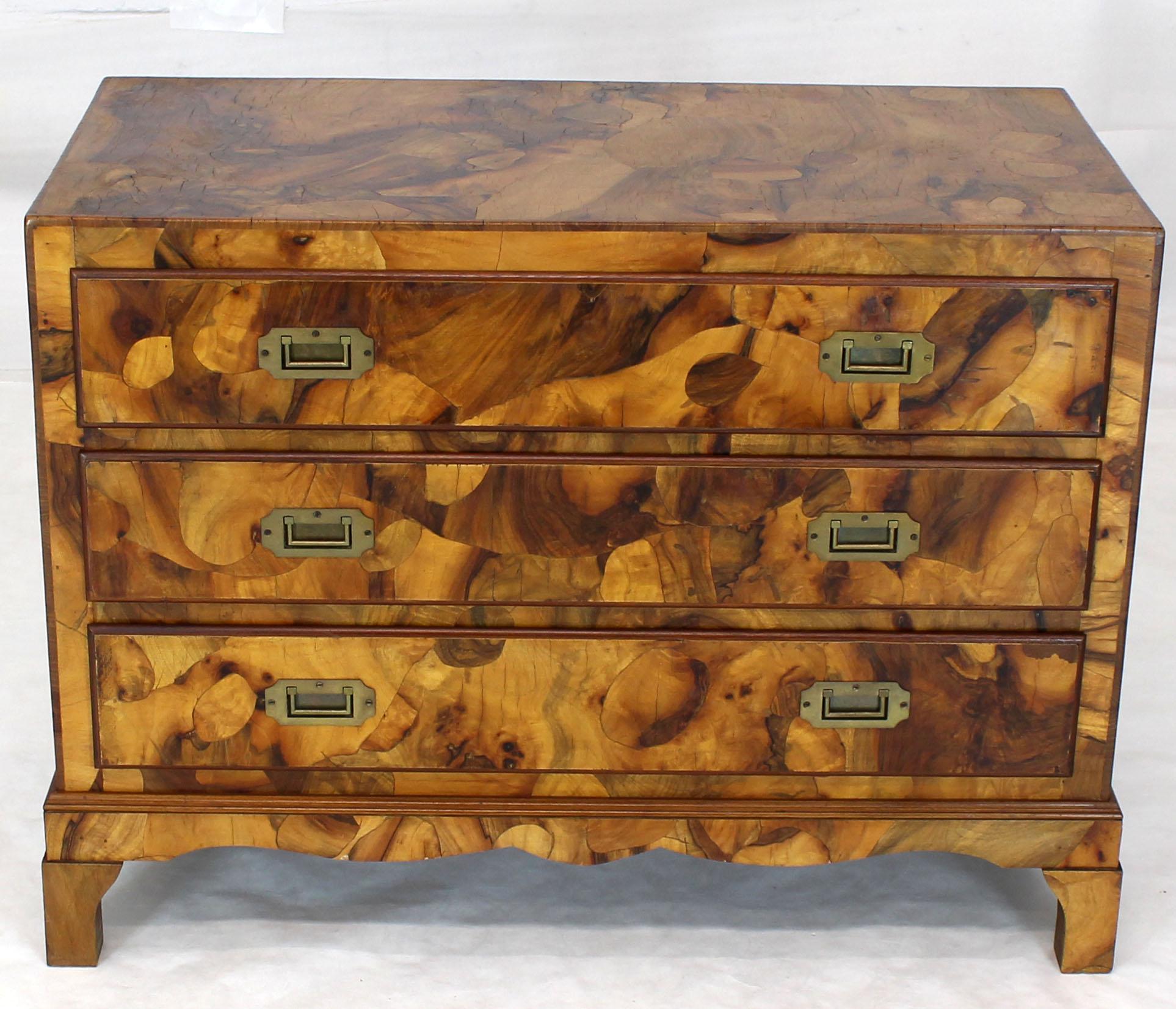 Mid-Century Modern Italian Burl Olive Wood Patch Parquetry Three-Drawer Bachelor Chest