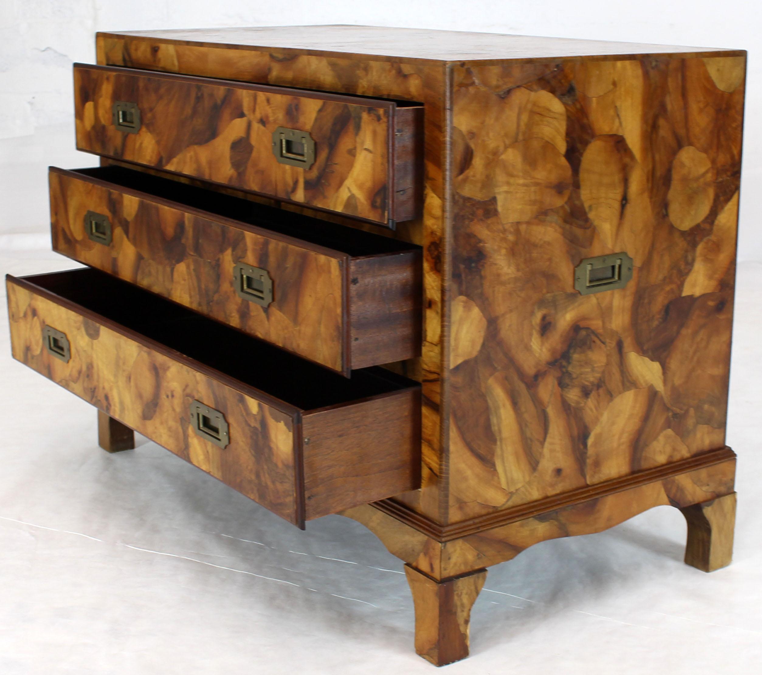 Lacquered Italian Burl Olive Wood Patch Parquetry Three-Drawer Bachelor Chest