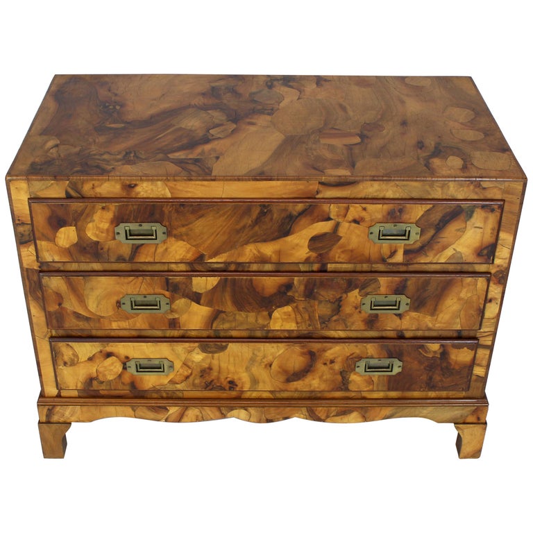 Italian Burl Olive Wood Patch Parquetry Three Drawer Bachelor