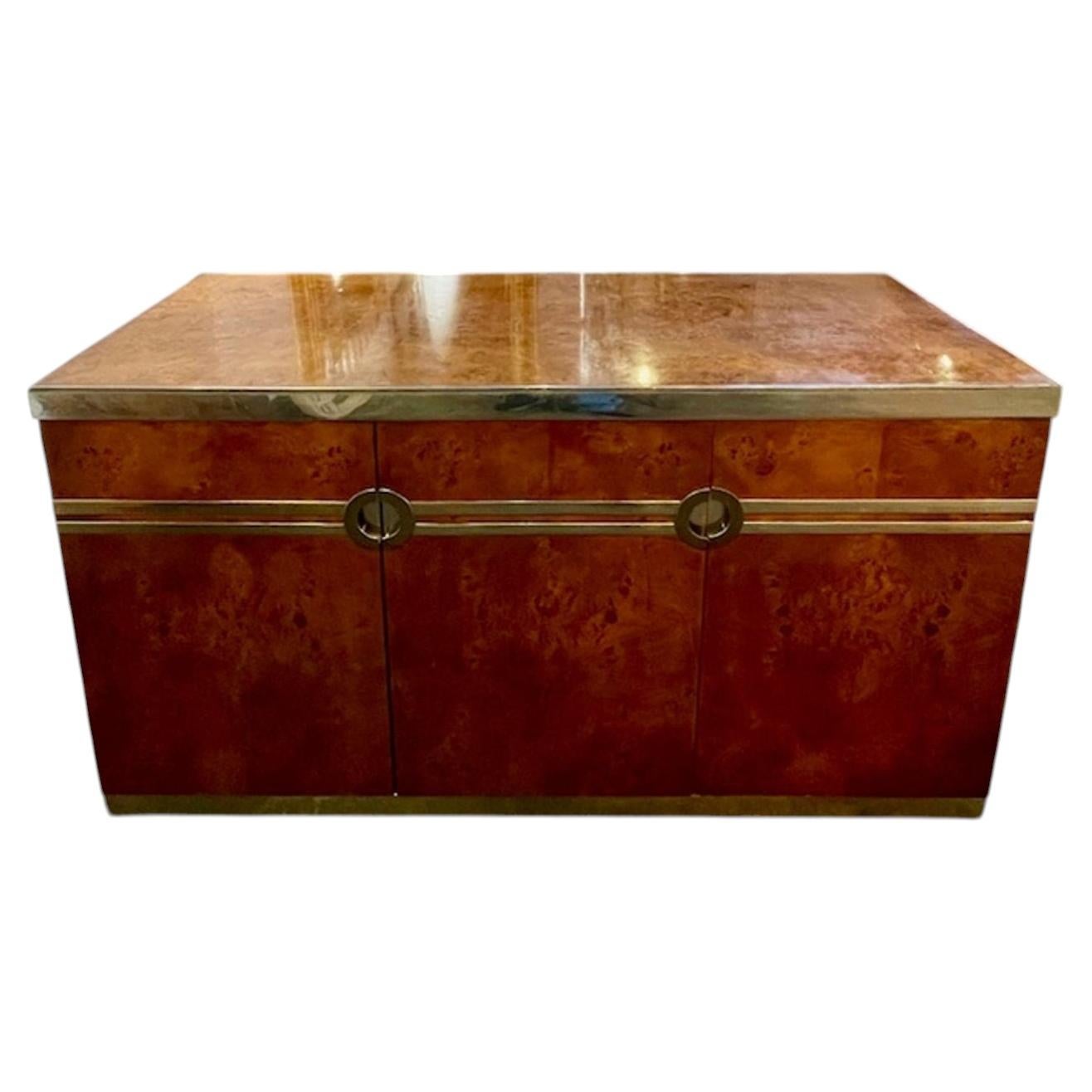 Italian Burl Walnut and Brass Credenza after Pierre Cardin For Sale