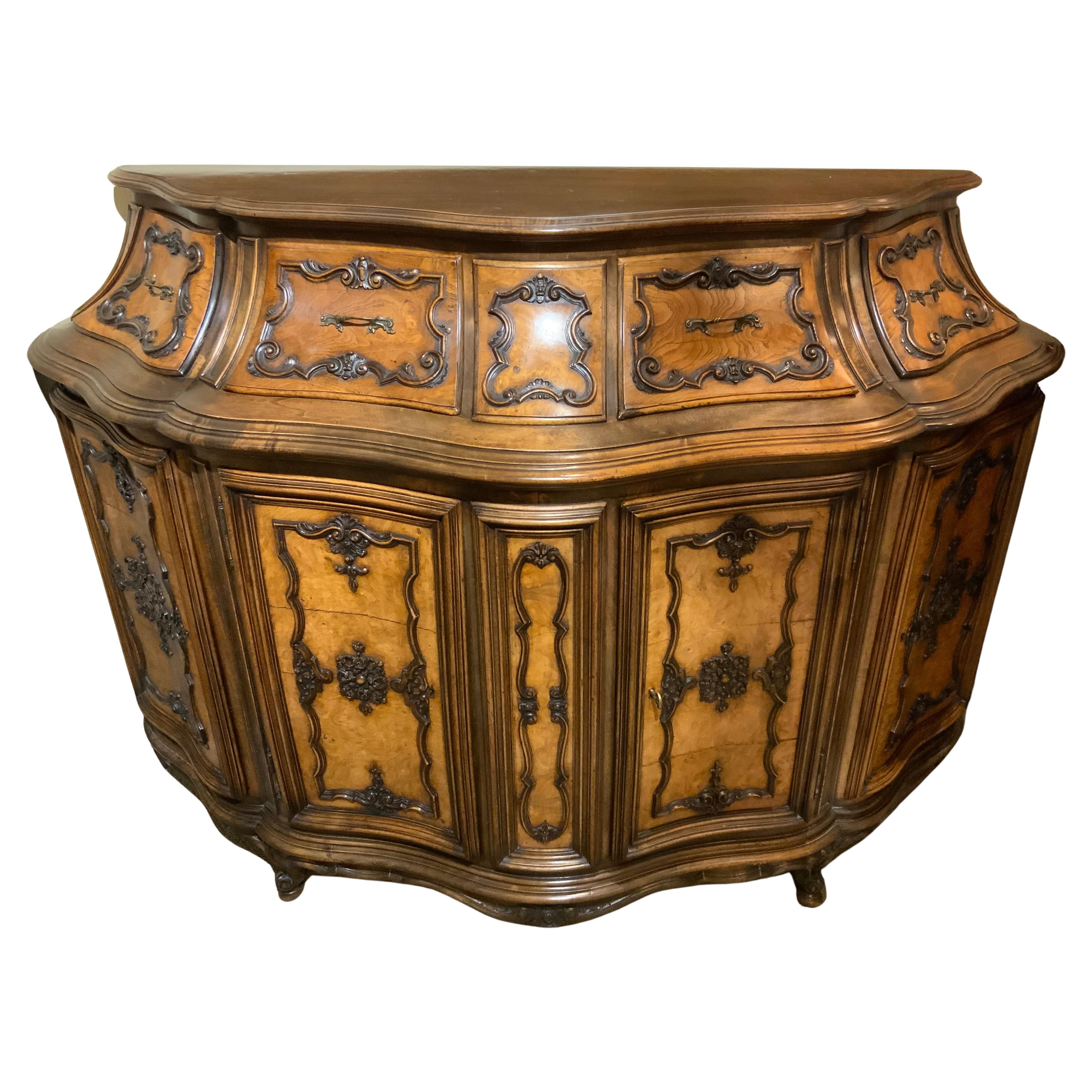 Italian Burl walnut Serpentine shaped cabinet