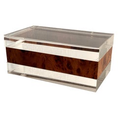 Italian Burl Wood and Transparent Lucite Acrylic Box, 1970s