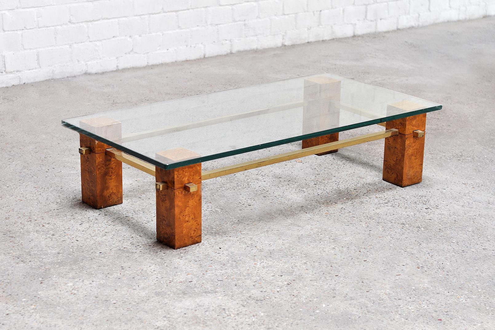 Italian Burl Wood & Brass Coffee Table in the Style of Willy Rizzo, 1970s In Good Condition In Zwijndrecht, Antwerp