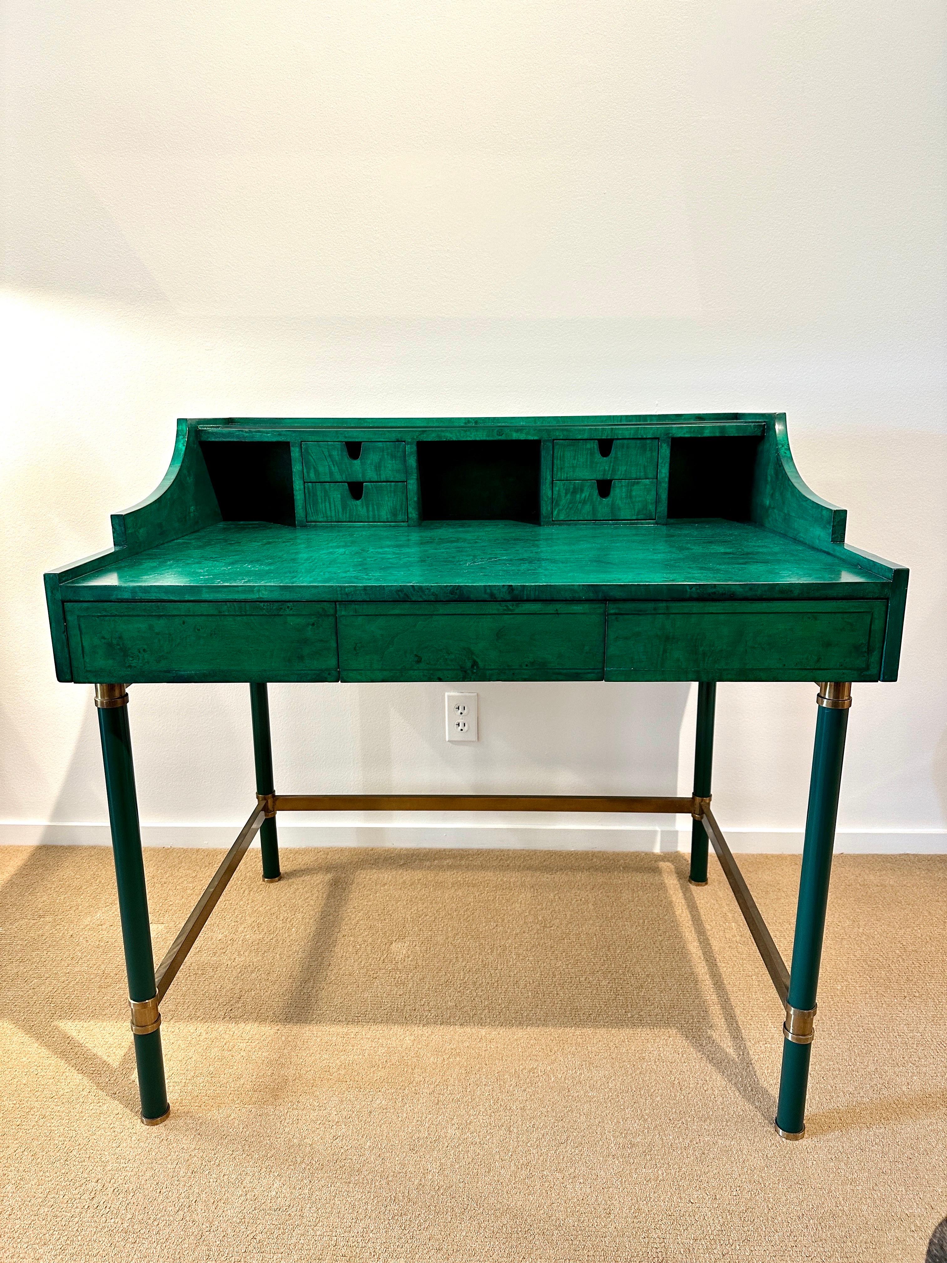 Italian Burl Wood & Brass Desk in Green Malachite Stain For Sale 5