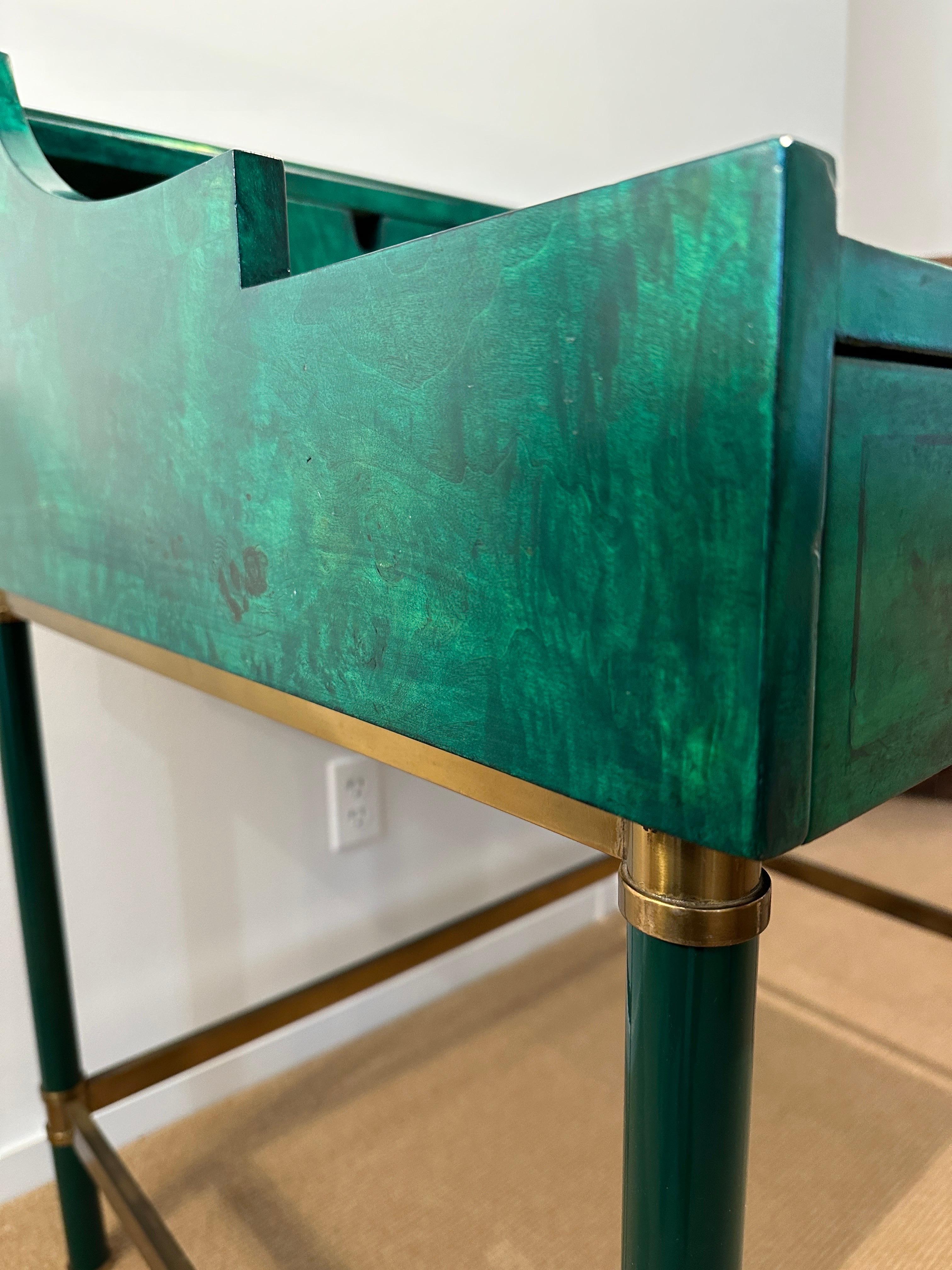 Italian Burl Wood & Brass Desk in Green Malachite Stain For Sale 6
