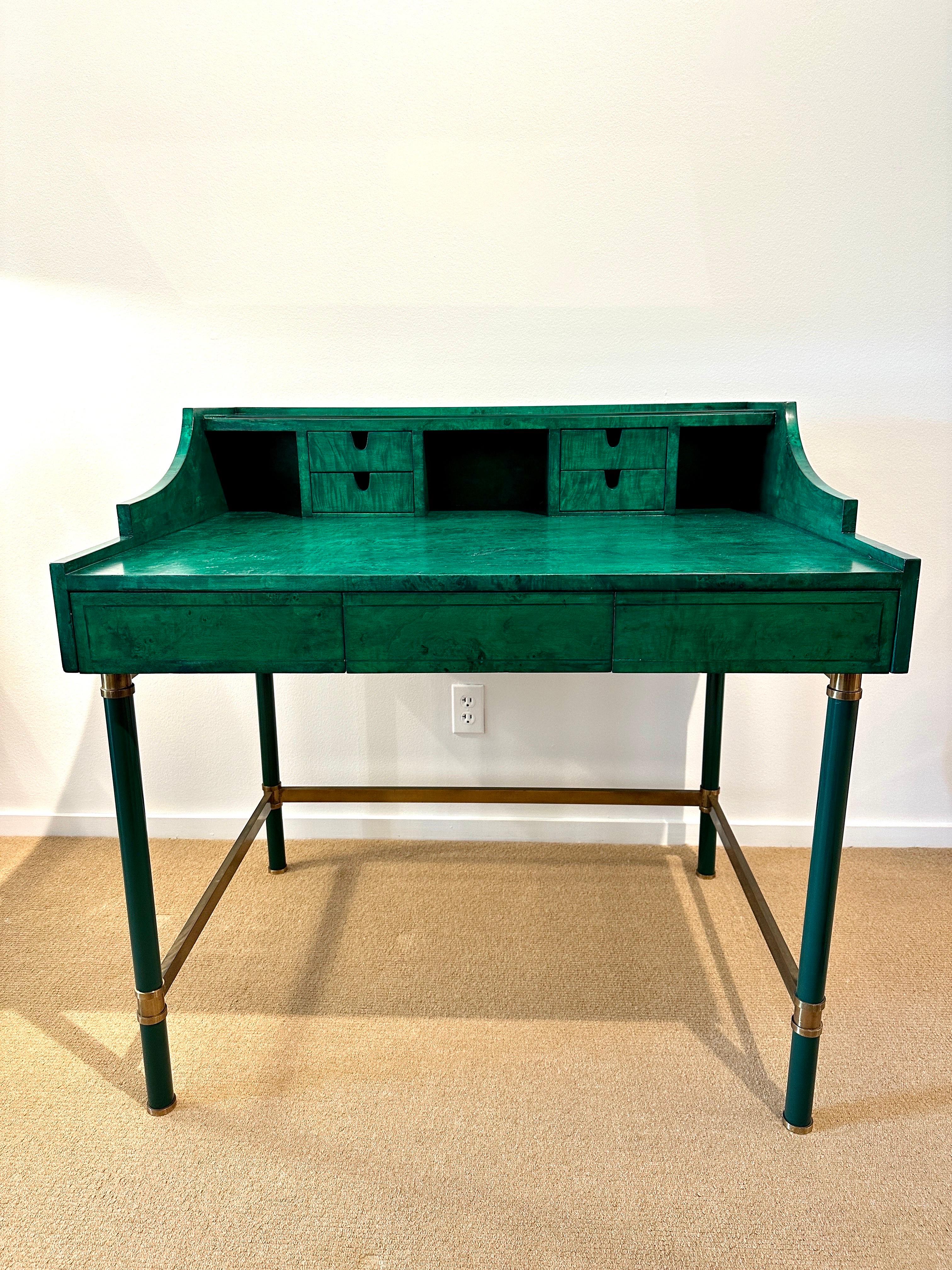 Italian Burl Wood & Brass Desk in Green Malachite Stain For Sale 7