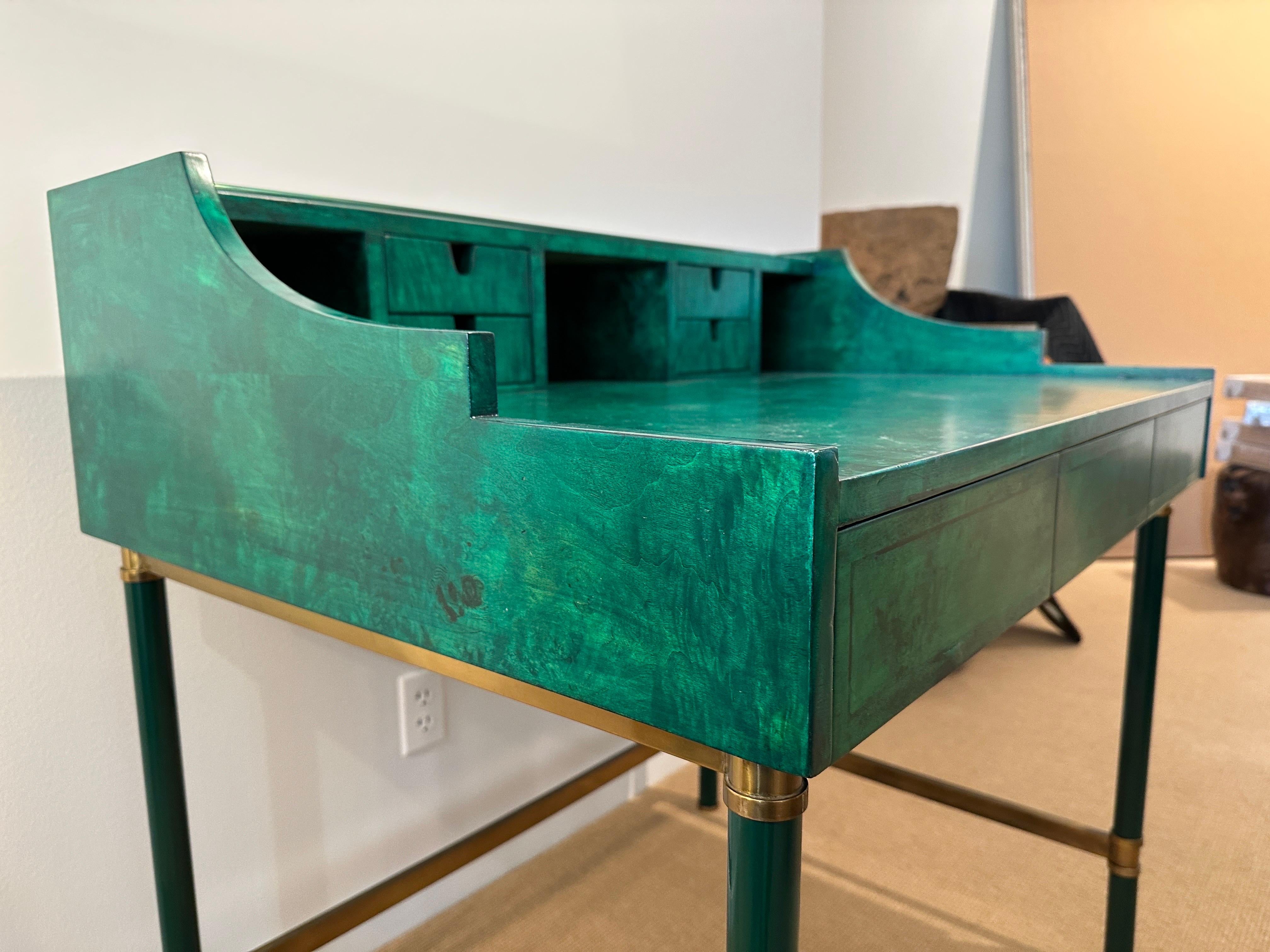 Italian Burl Wood & Brass Desk in Green Malachite Stain For Sale 2