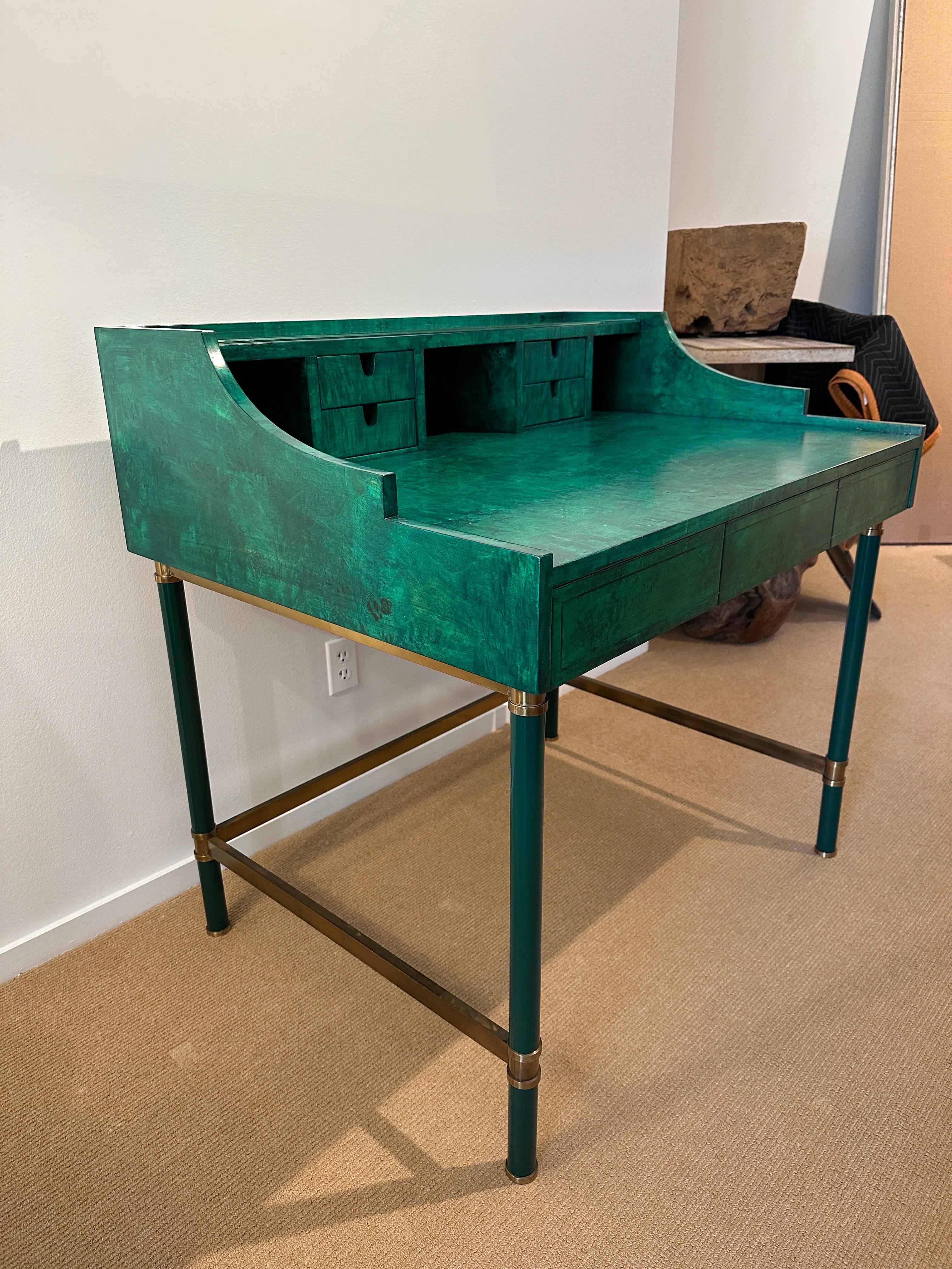 Italian Burl Wood & Brass Desk in Green Malachite Stain For Sale 3