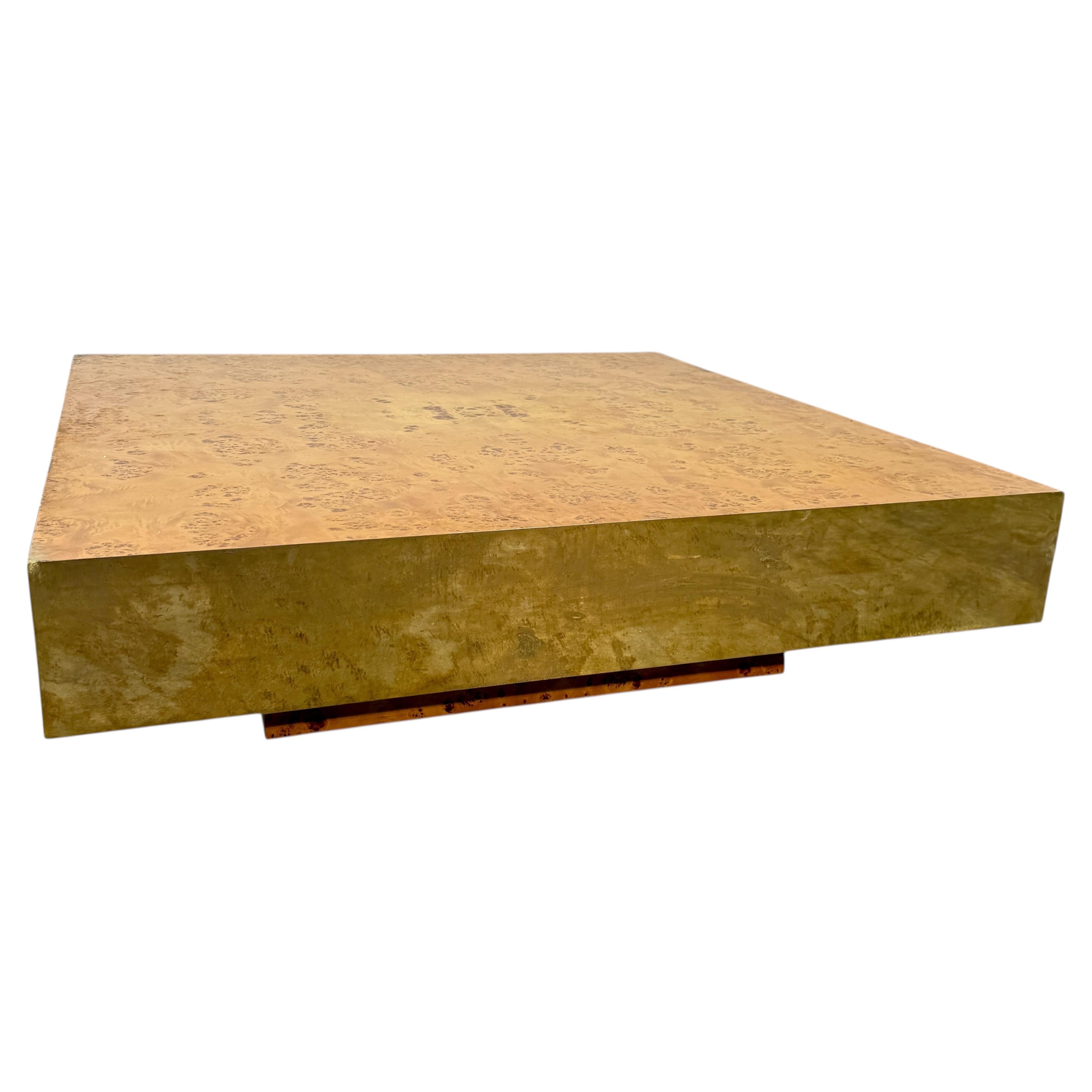 Italian Burl Wood Coffee Table with Brass Frame, 1970s For Sale