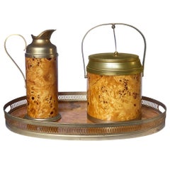 Italian Burl Wood Ice Bucket, Carafe, & Tray Bar Set, in Milo Baughman Style