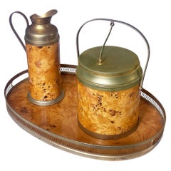 Italian Burl Wood Ice Bucket, Carafe, & Tray Bar Set, in Milo Baughman Style