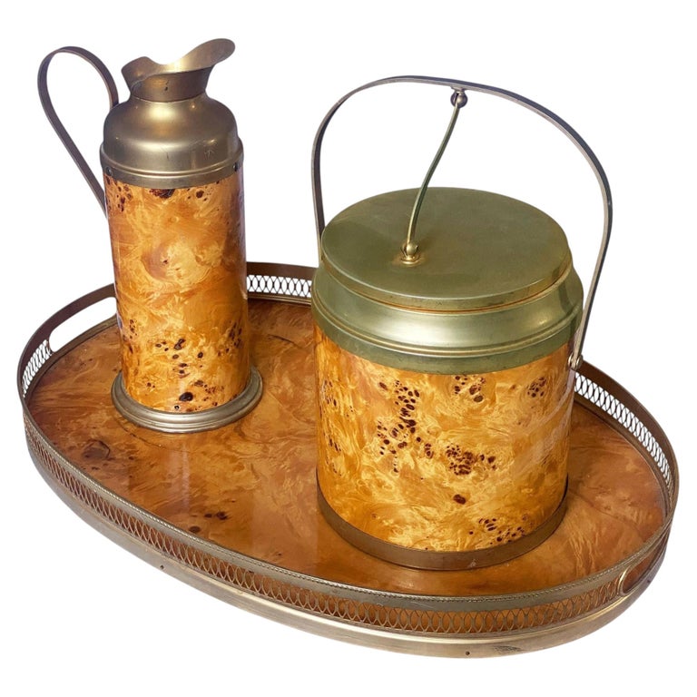 Italian Burl Wood Ice Bucket, Carafe, & Tray Bar Set, in Milo Baughman Style