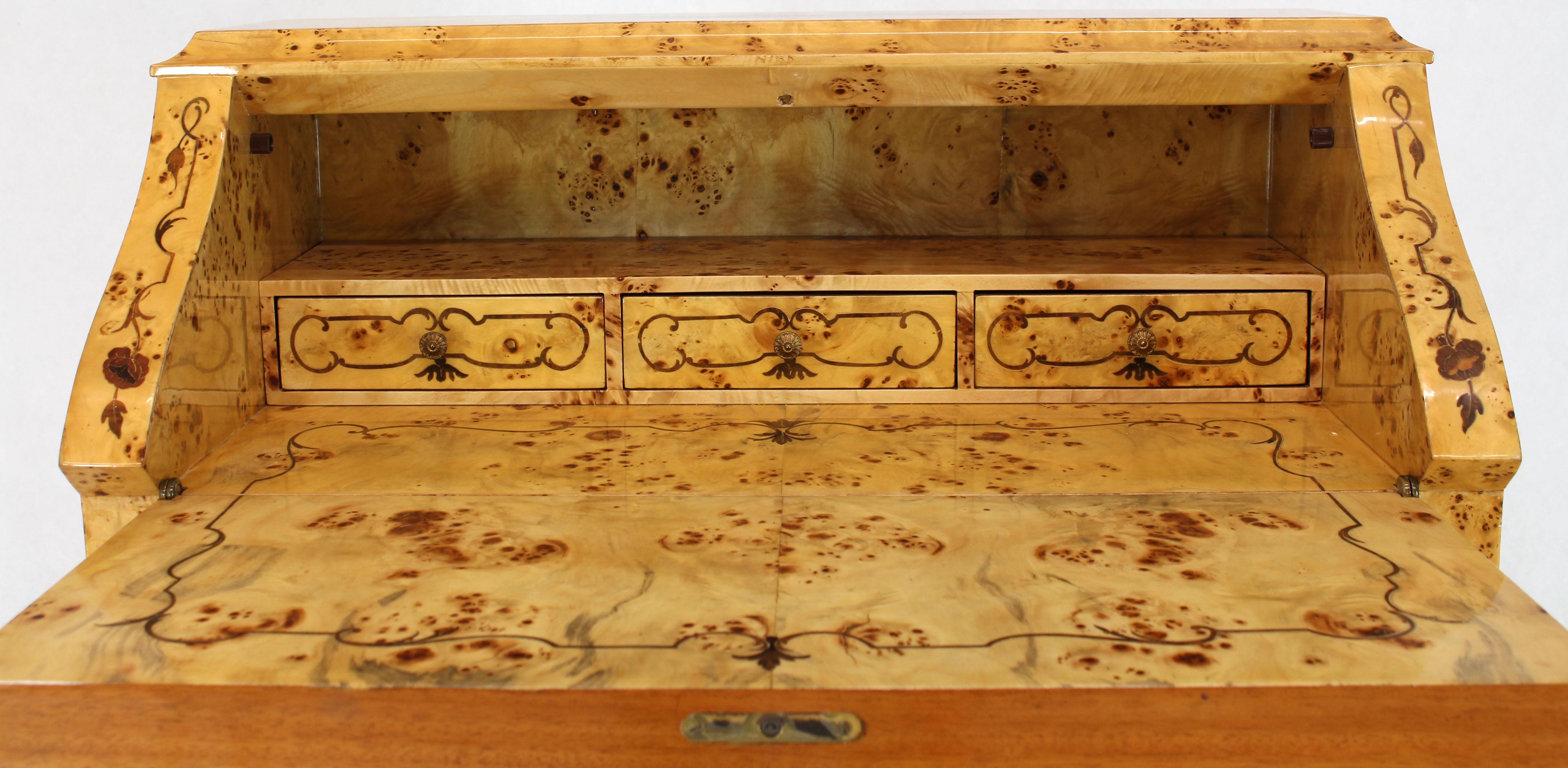 Italian Burl Wood Inlayed Drop Secretary Desk with Matching Bench Bronze Ormolu 6