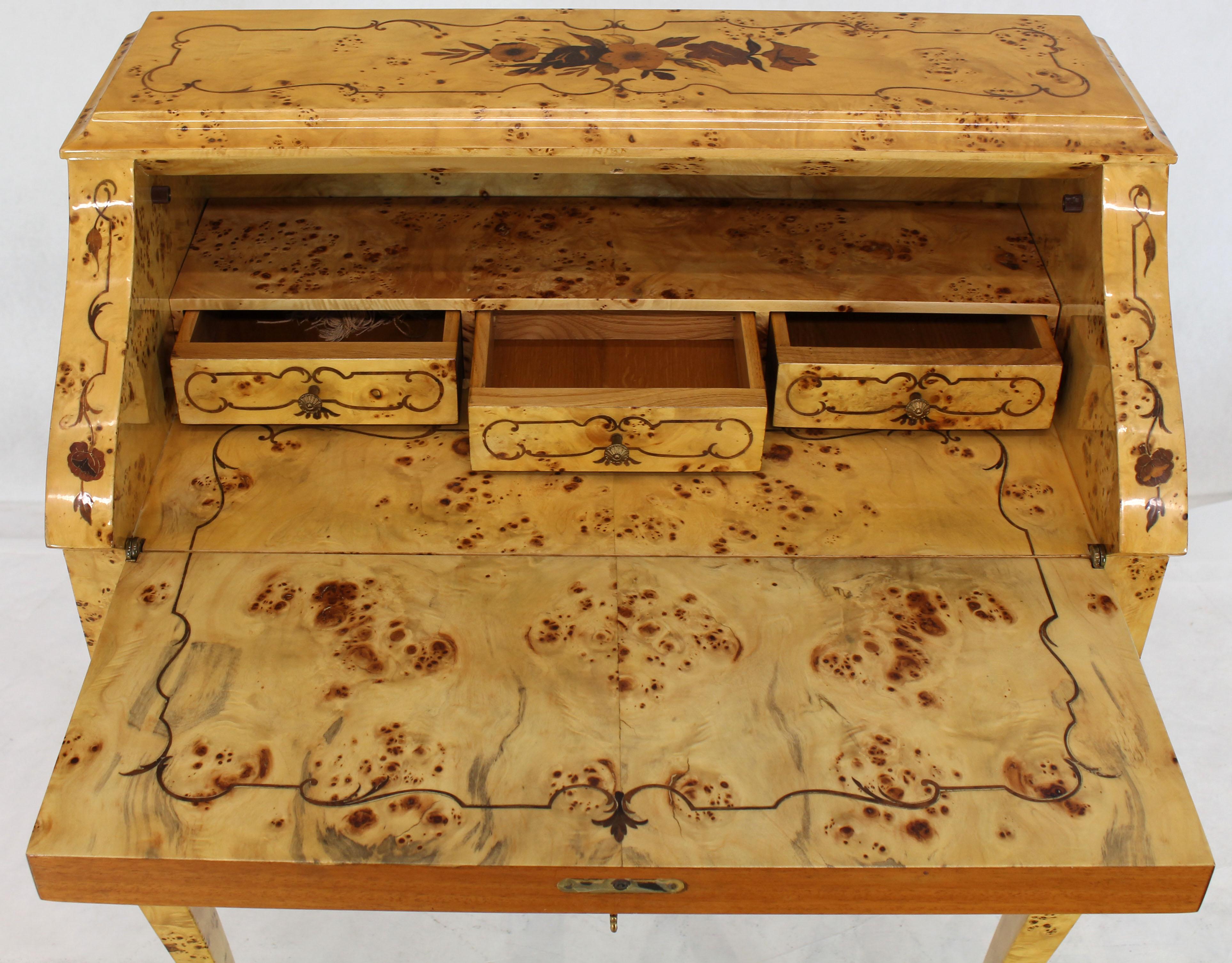 French Provincial Italian Burl Wood Inlayed Drop Secretary Desk with Matching Bench Bronze Ormolu