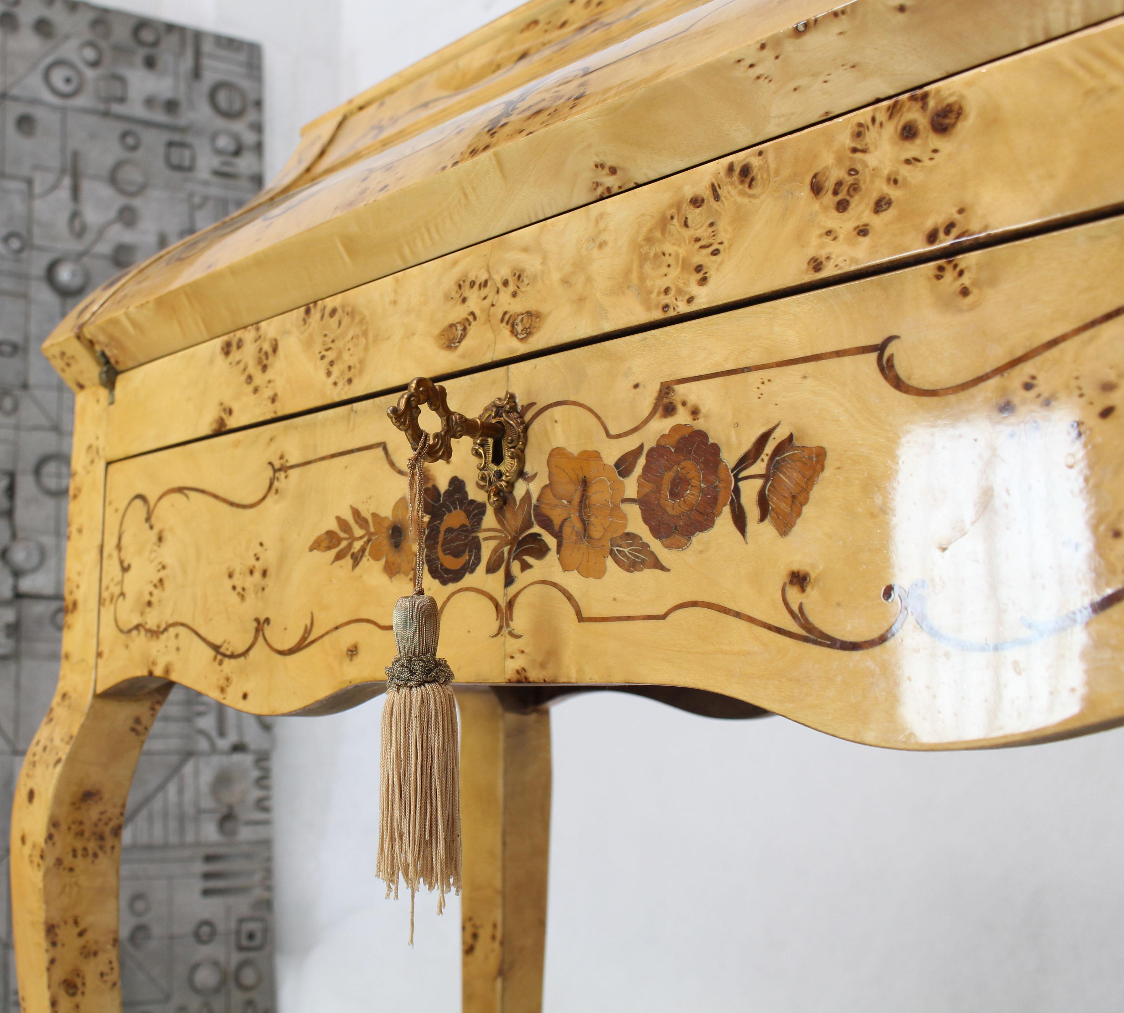 Lacquered Italian Burl Wood Inlayed Drop Secretary Desk with Matching Bench Bronze Ormolu