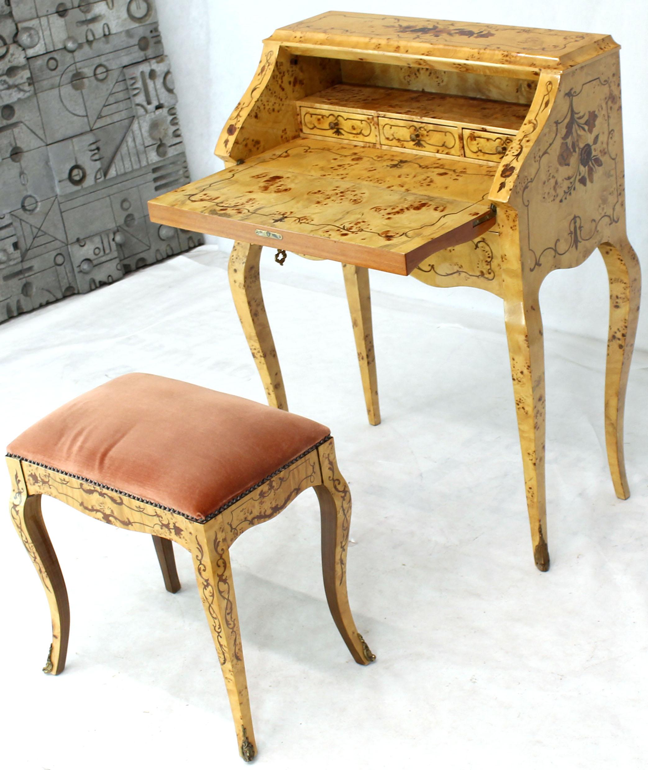 Contemporary Italian Burl Wood Inlayed Drop Secretary Desk with Matching Bench Bronze Ormolu