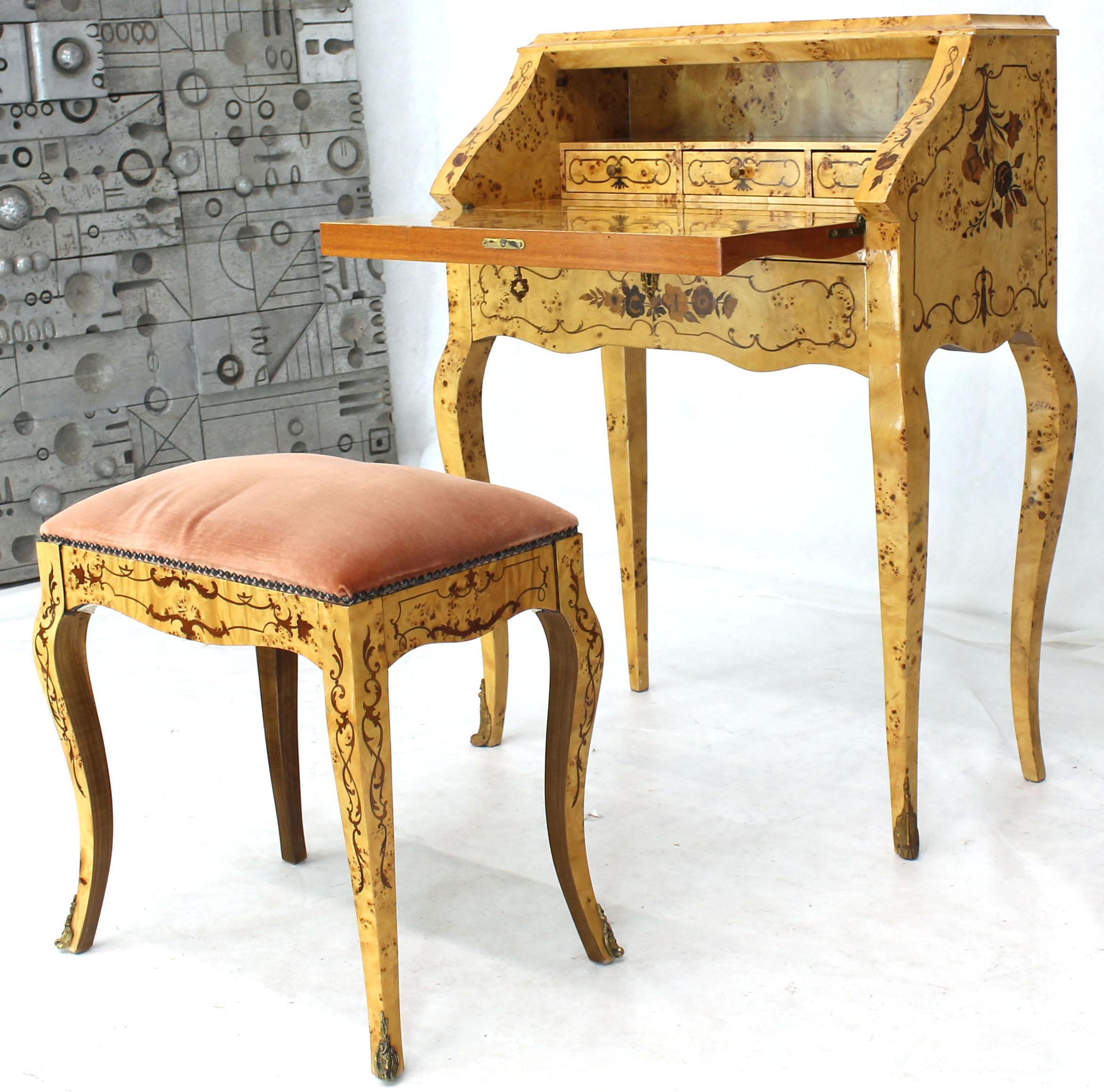 Italian Burl Wood Inlayed Drop Secretary Desk with Matching Bench Bronze Ormolu 1