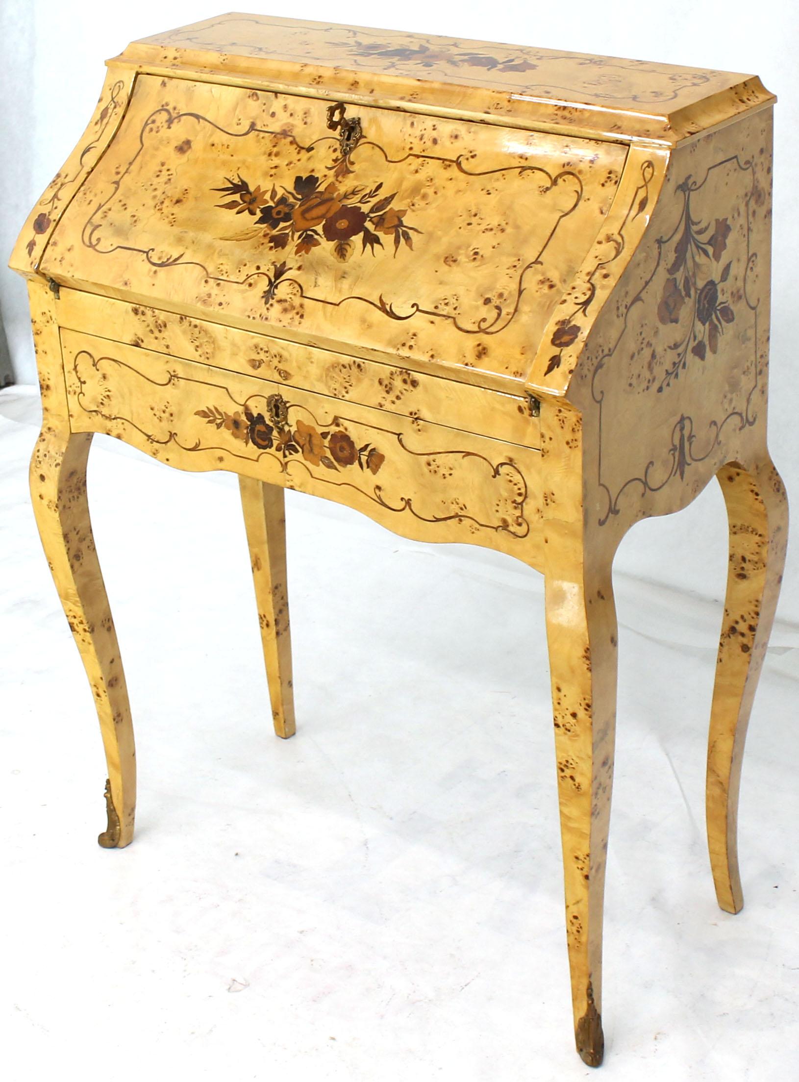 Italian Burl Wood Inlayed Drop Secretary Desk with Matching Bench Bronze Ormolu 3