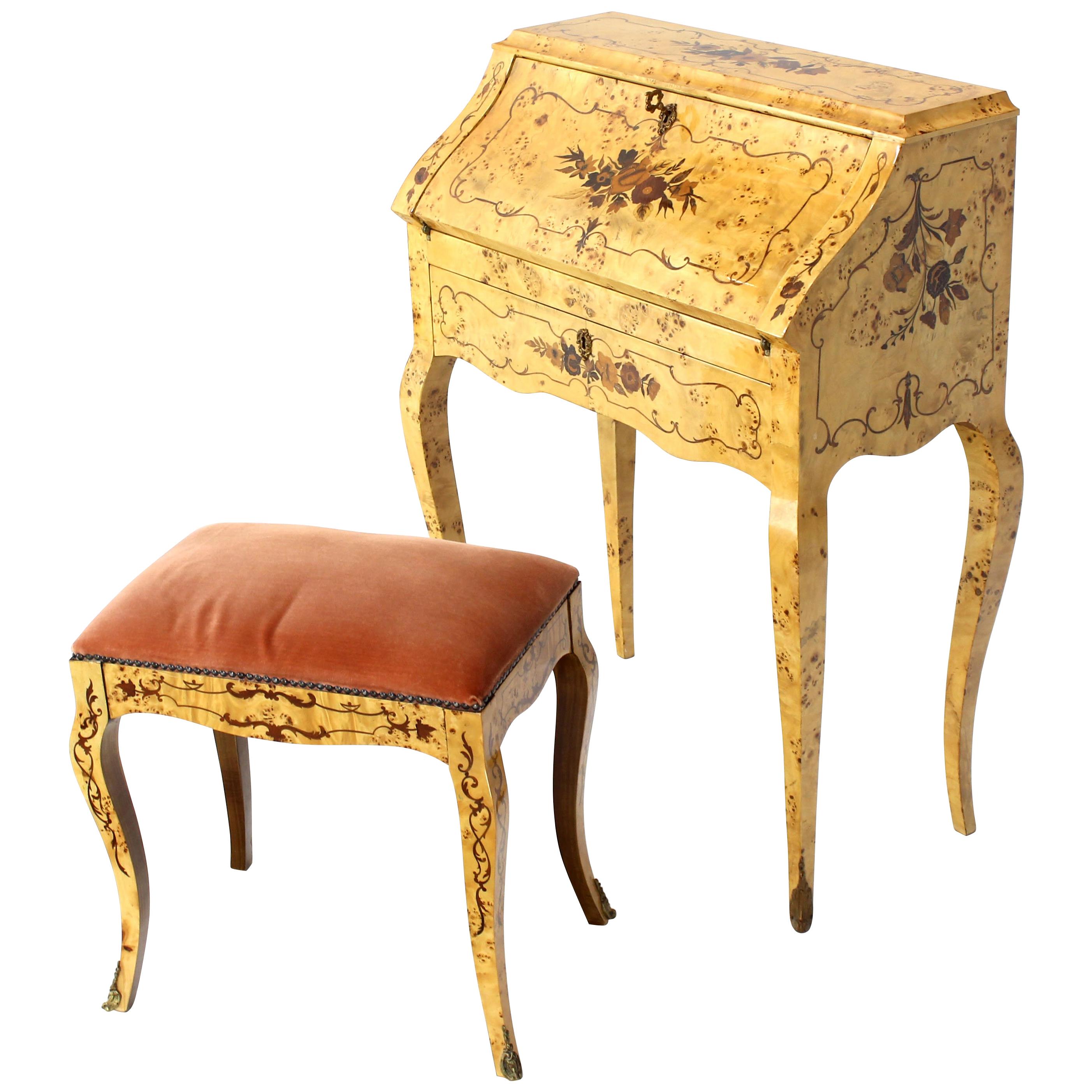 Italian Burl Wood Inlayed Drop Secretary Desk with Matching Bench Bronze Ormolu
