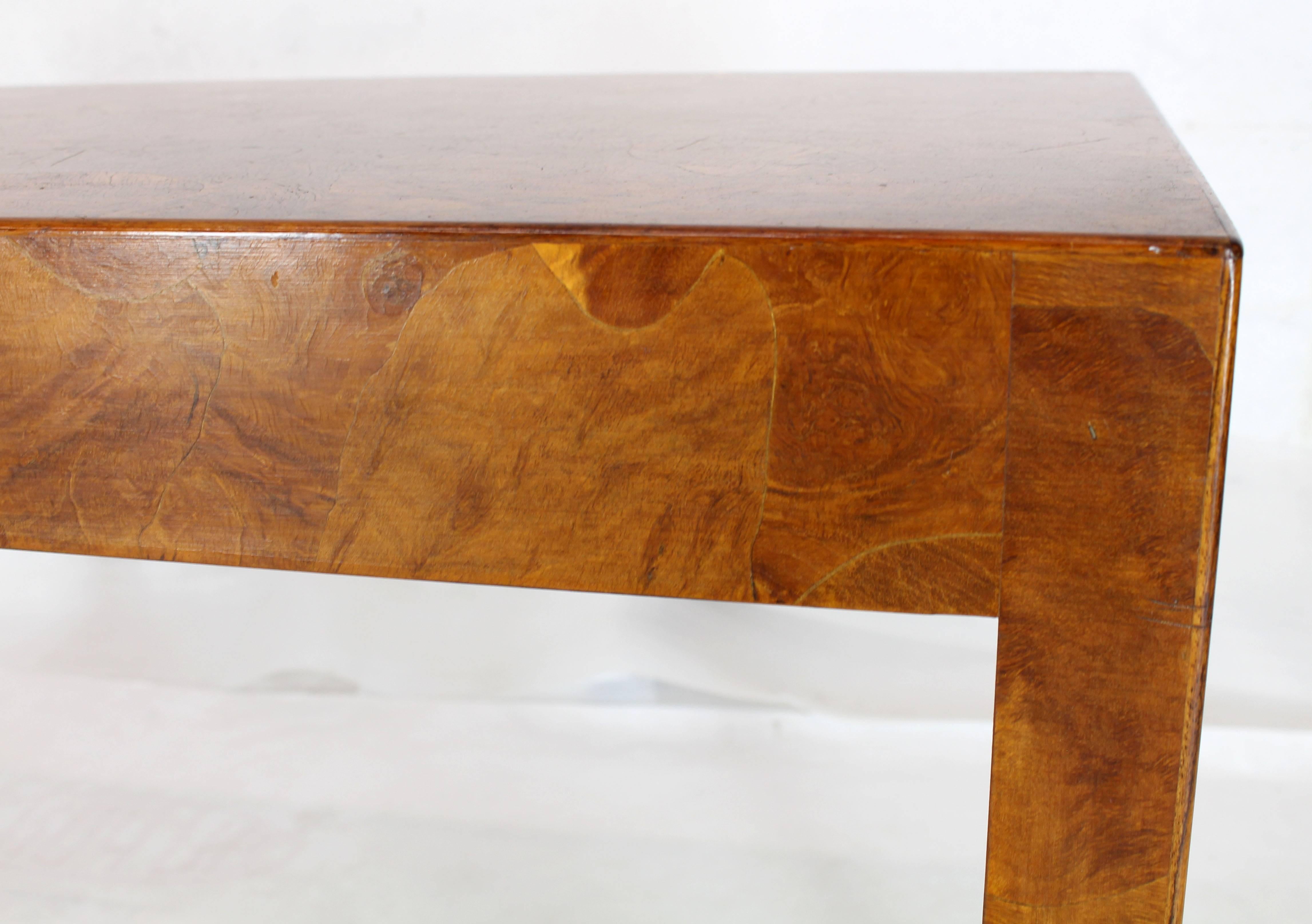 Midcentury Italian modern burl wood batch veneer work rectangle console sofa table.