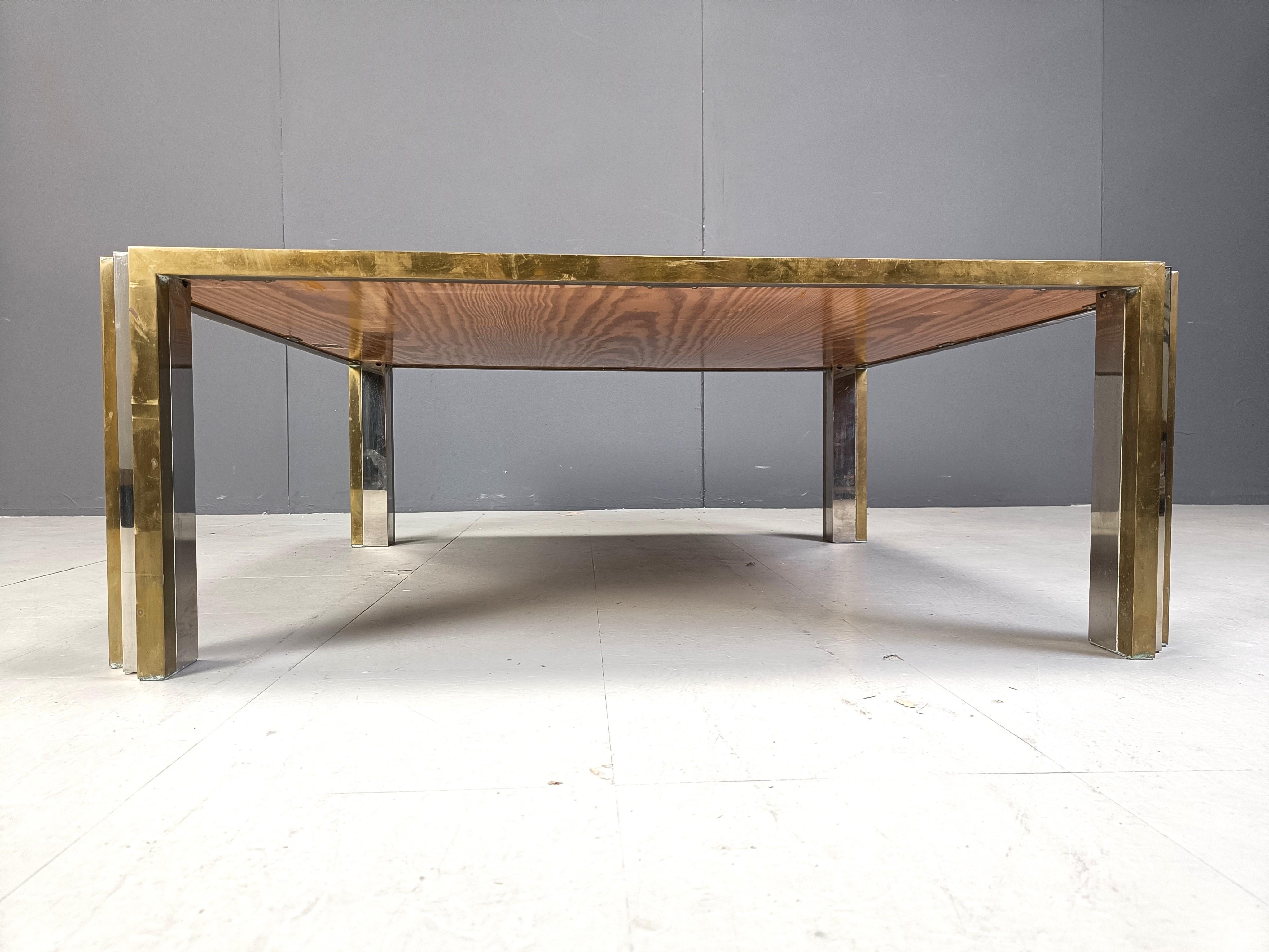 Brass Italian burl wooden coffee table by Tommaso Barbi, 1970s