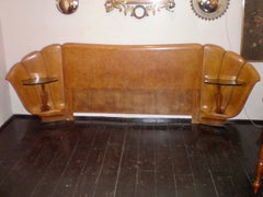 Italian Burled Walnut Art Deco Headboard with Shell Shaped Nightstands, 1920s