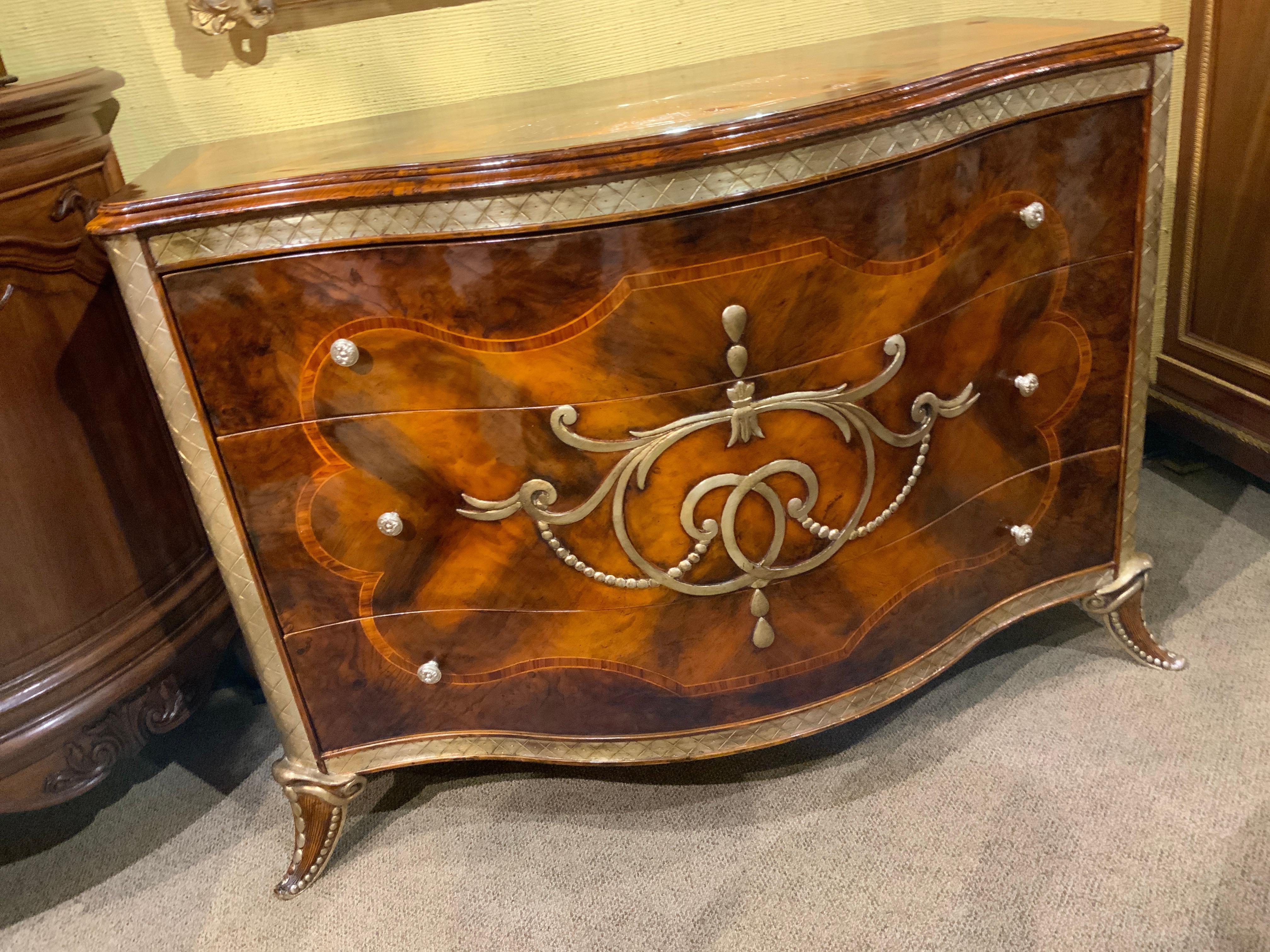 Italian Burled Walnut  Commode with silver accents, exceptional quality For Sale 6