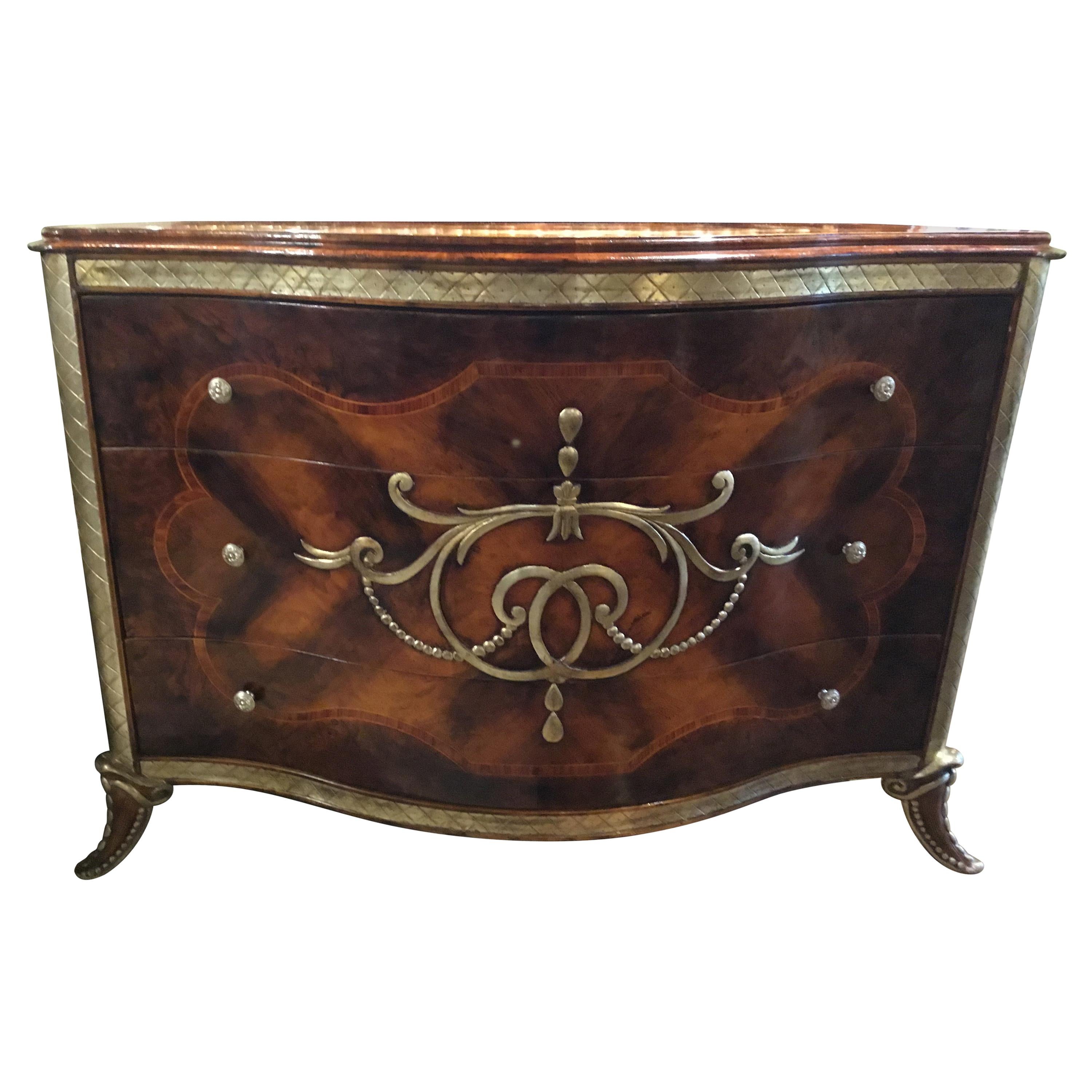 Italian Burled Walnut  Commode with silver accents, exceptional quality For Sale