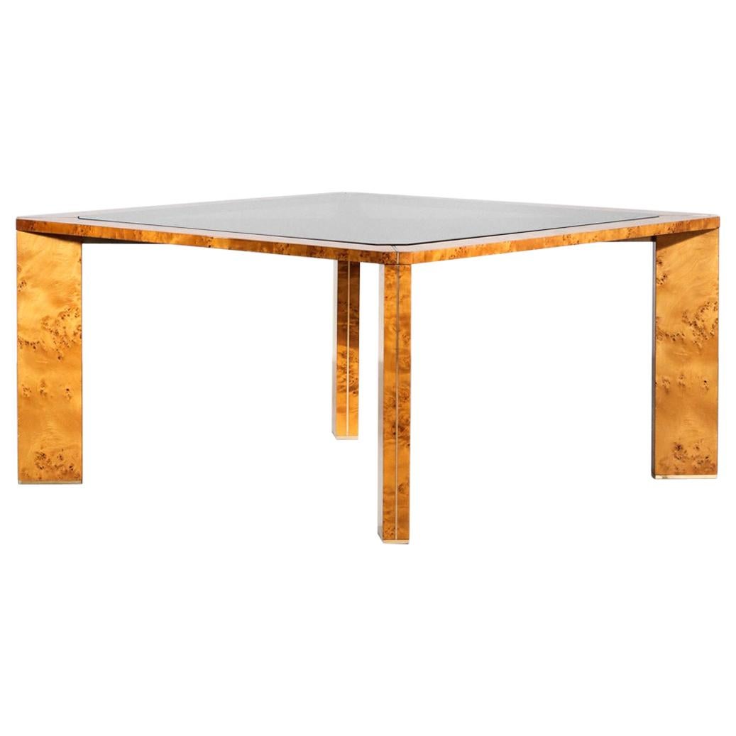 Table de salle à manger italienne en bois de ronce de style Willy Rizzo en verre vintage des années 1970