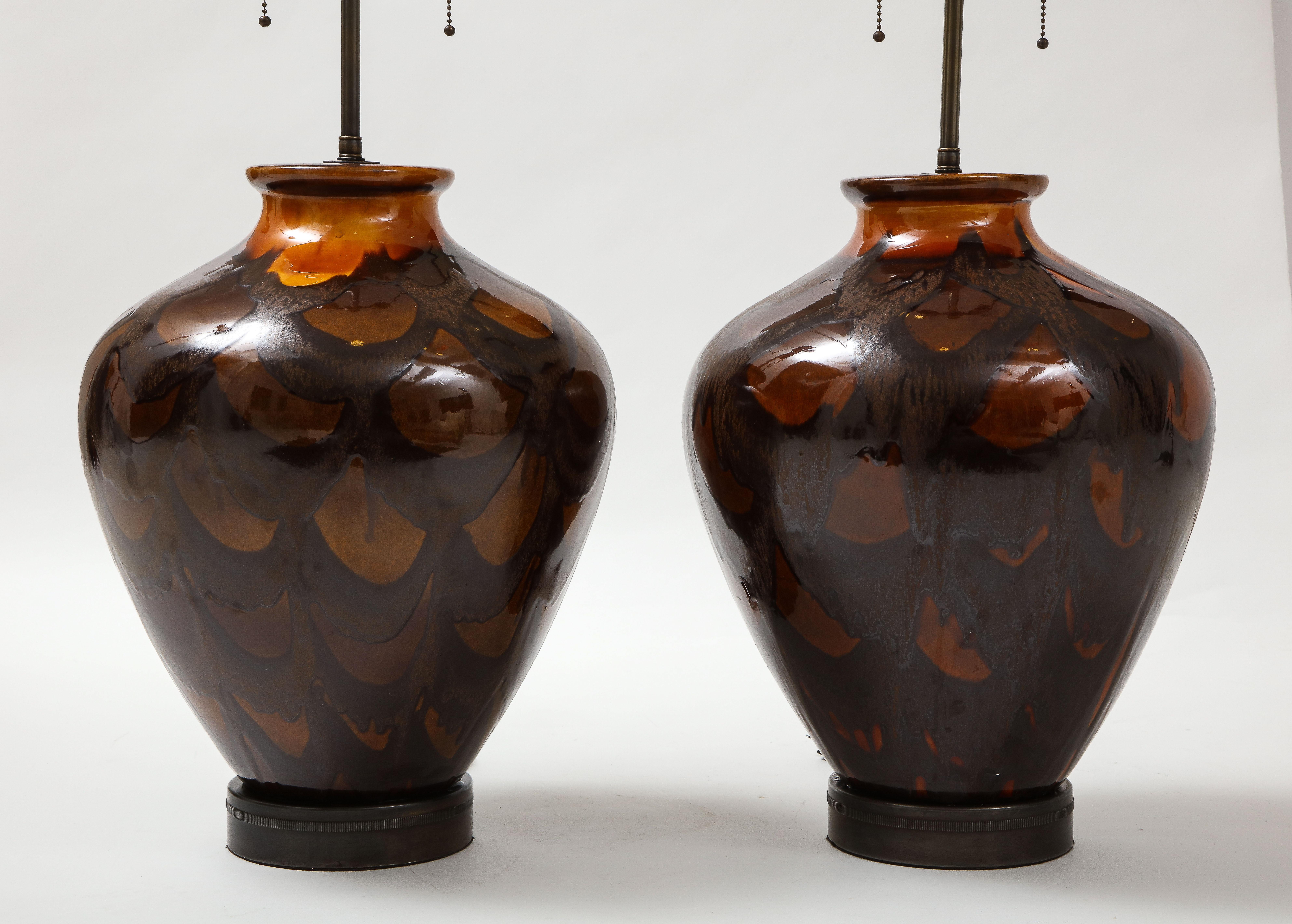 Hand-Painted Italian Burnt Orange Ceramic Lamps For Sale
