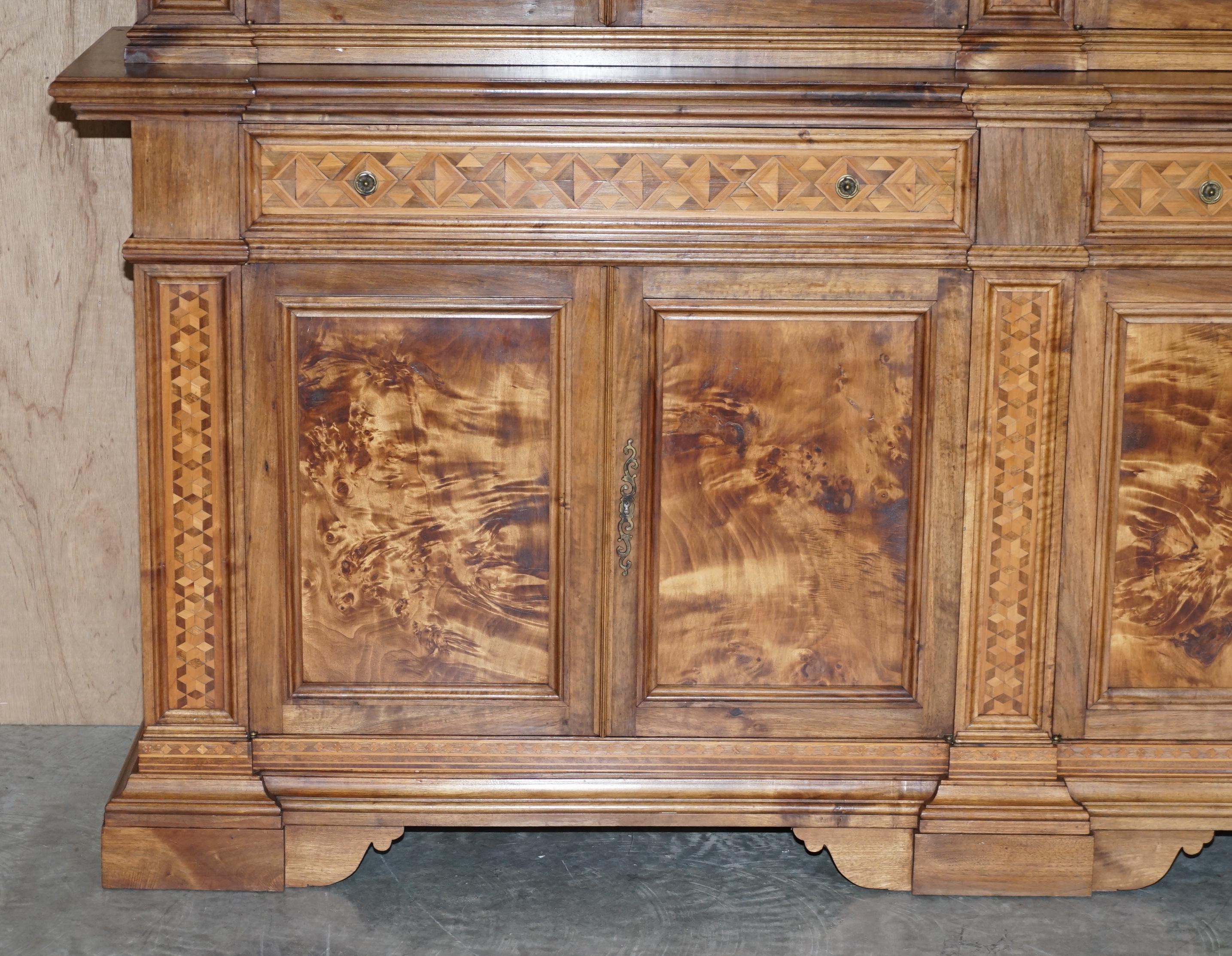 Italian Burr Pippy Oak Panelled Large Geometric Marquetry Housekeepers Cupboard For Sale 4