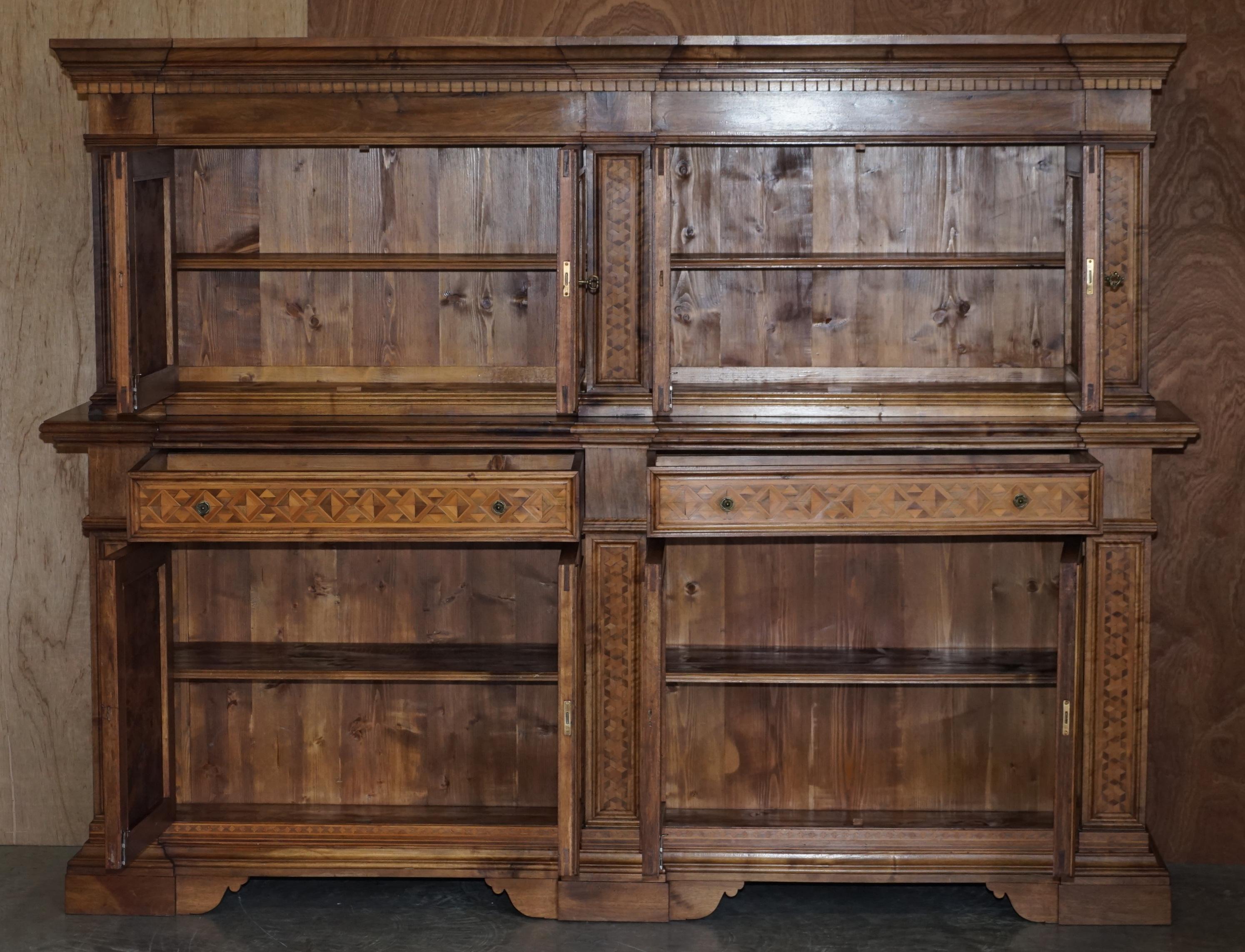 Italian Burr Pippy Oak Panelled Large Geometric Marquetry Housekeepers Cupboard For Sale 5