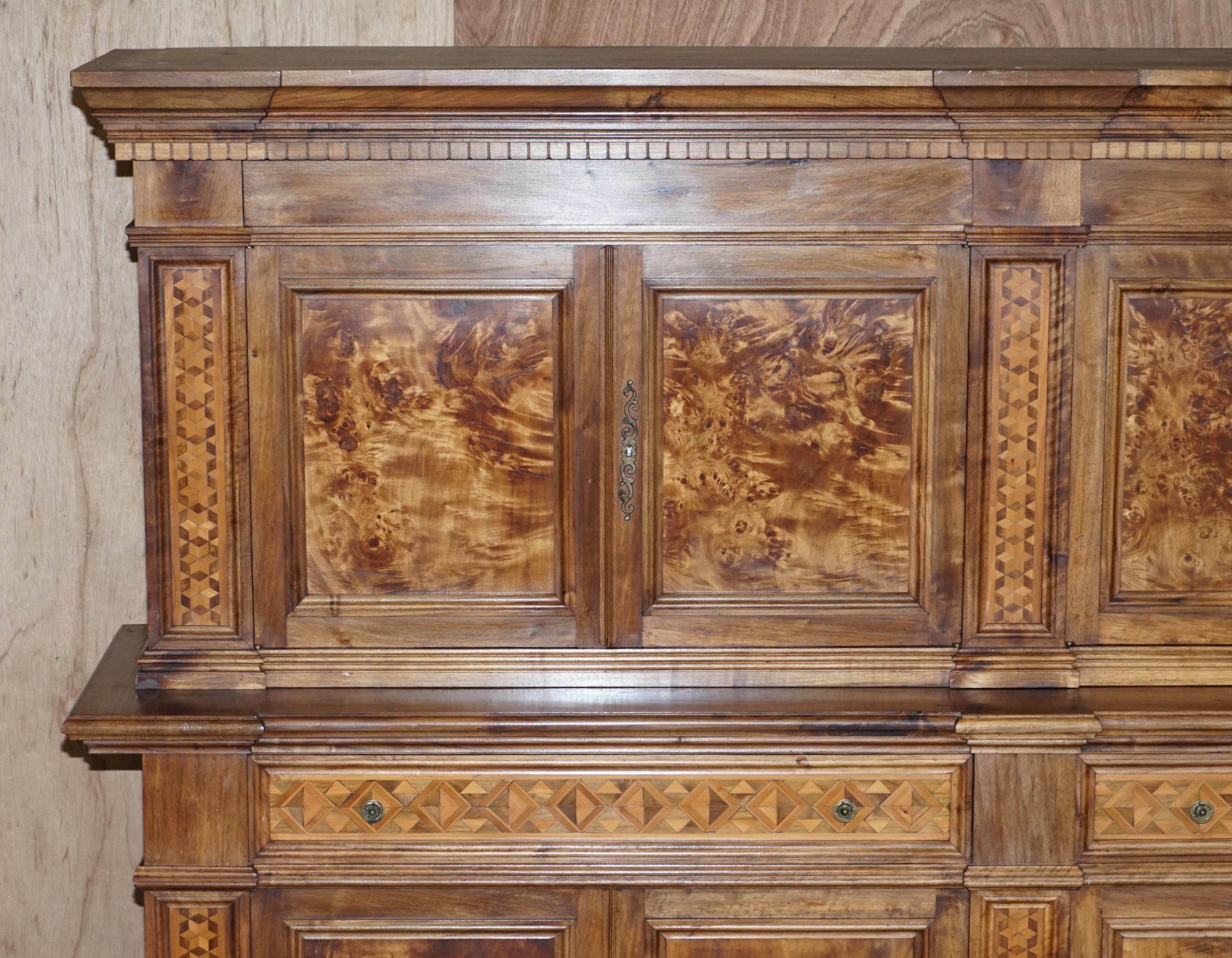 Art Deco Italian Burr Pippy Oak Panelled Large Geometric Marquetry Housekeepers Cupboard For Sale